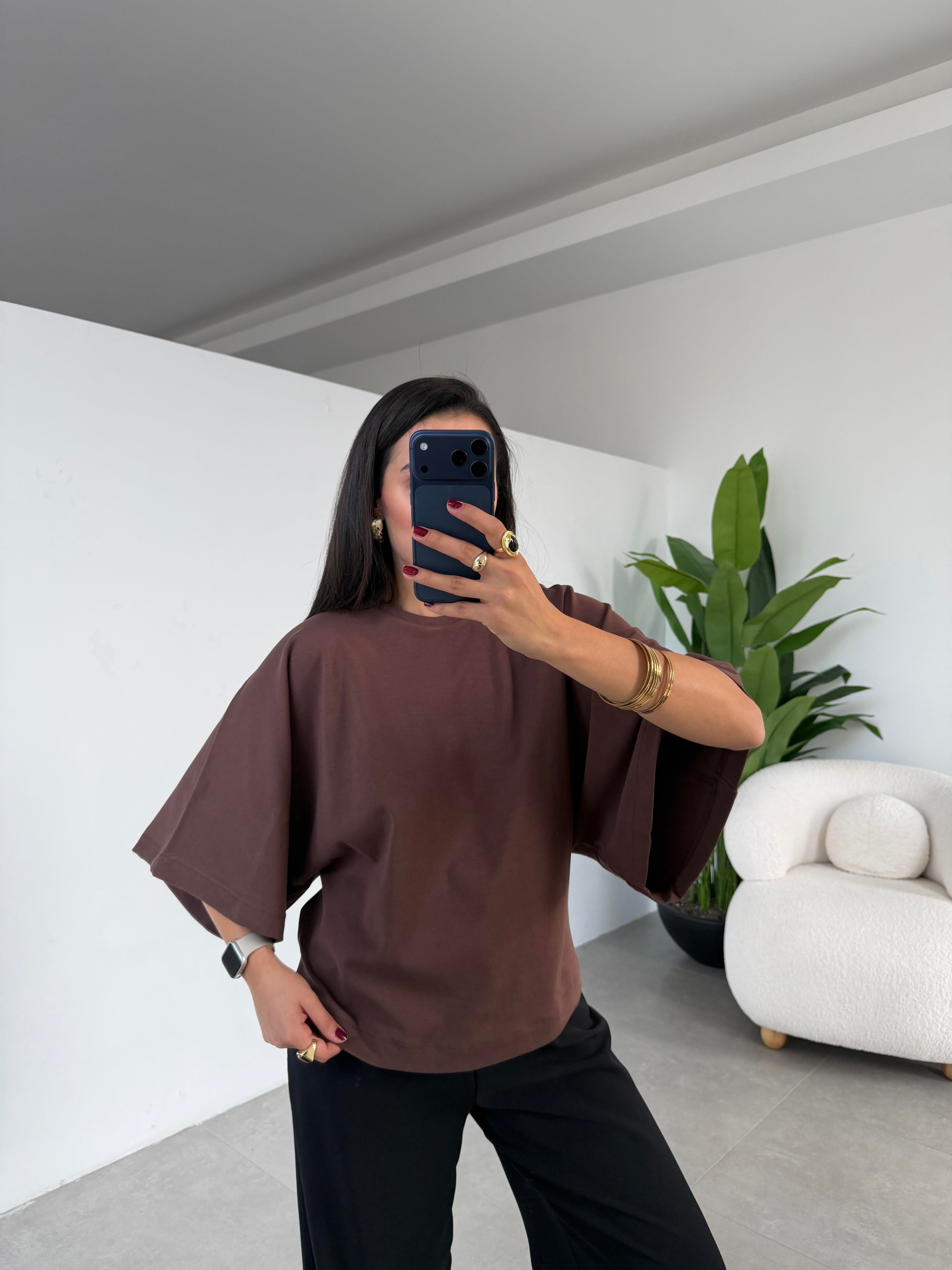 Kahve Bisiklet Yaka Yarasa Kol Bluz