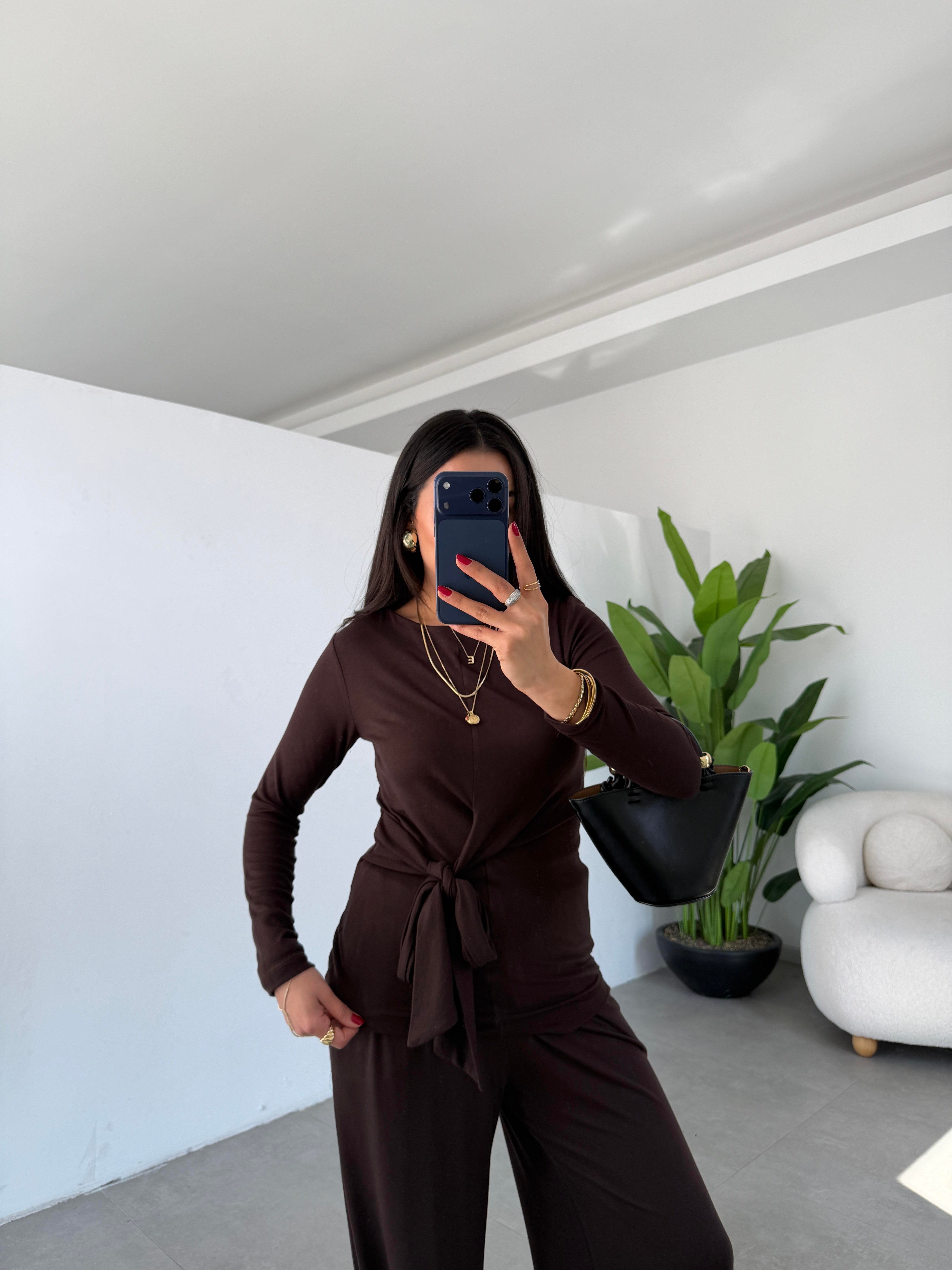 Kahve Buzy Bel Bağlamalı Bluz Pantolon Takım