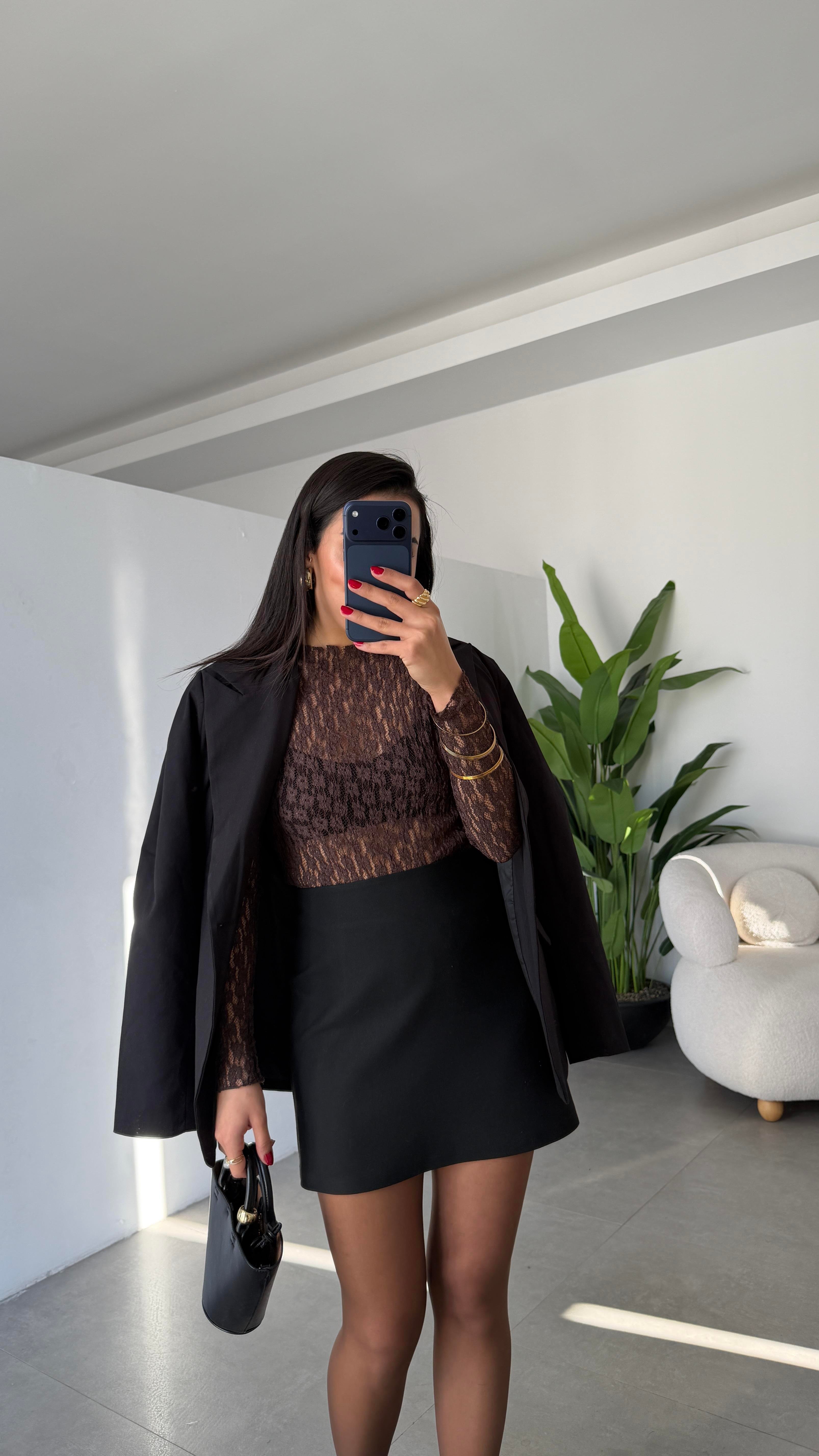 Kahve Dantel Transparan Bluz