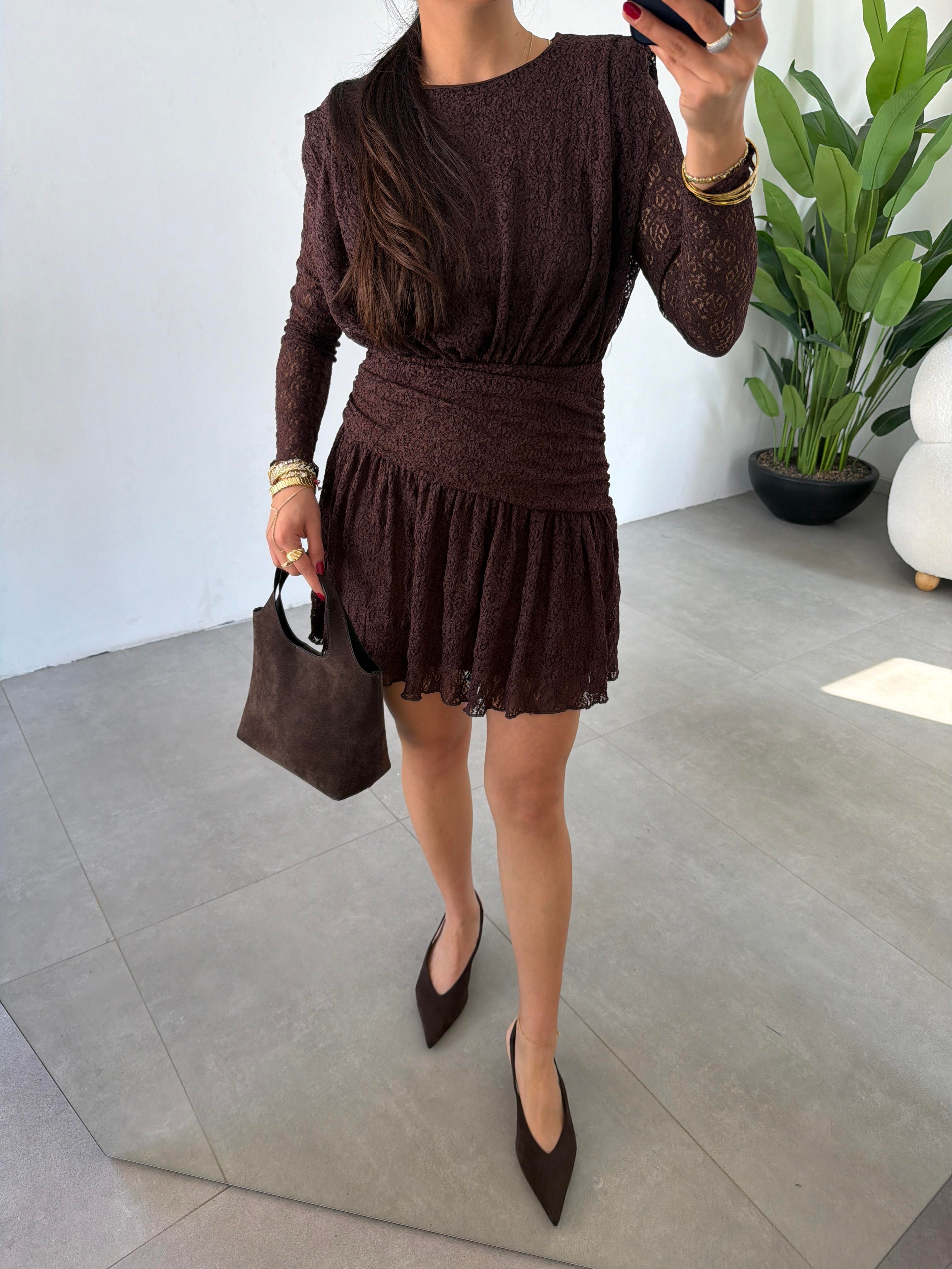 Kahve Dantelli Astarlı Elbise