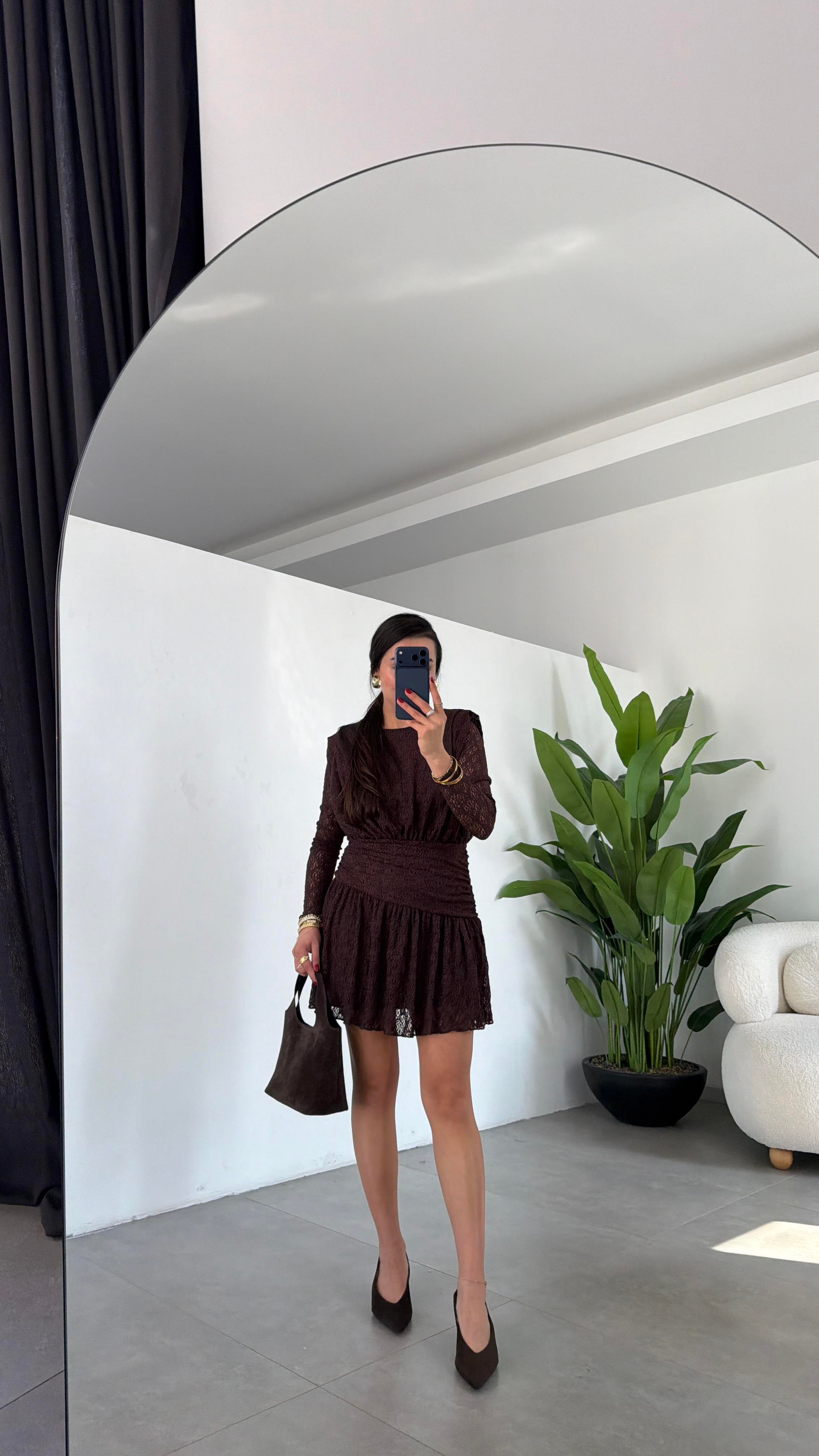 Kahve Dantelli Astarlı Elbise