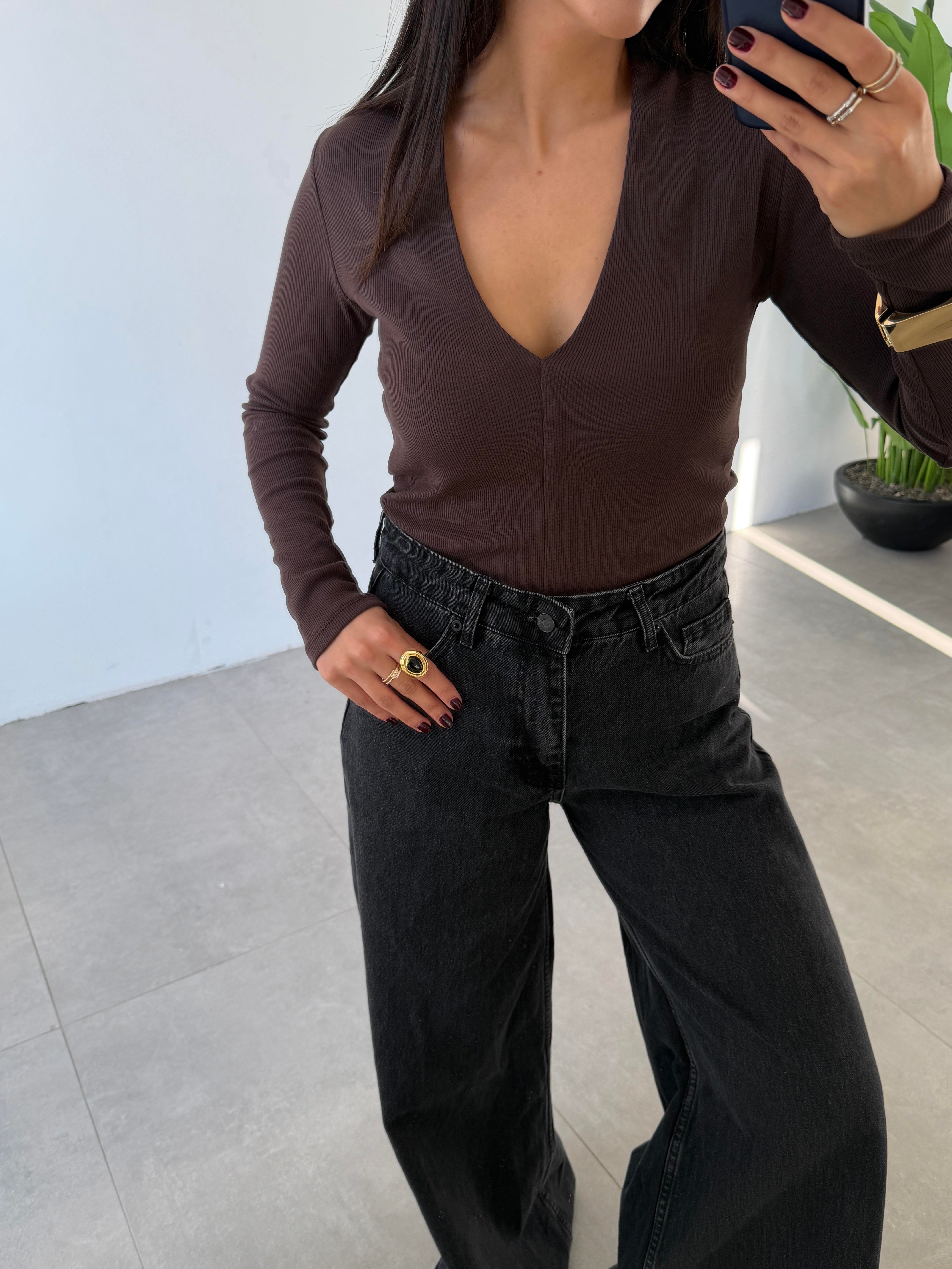 Kahve Derin V Yaka Bluz