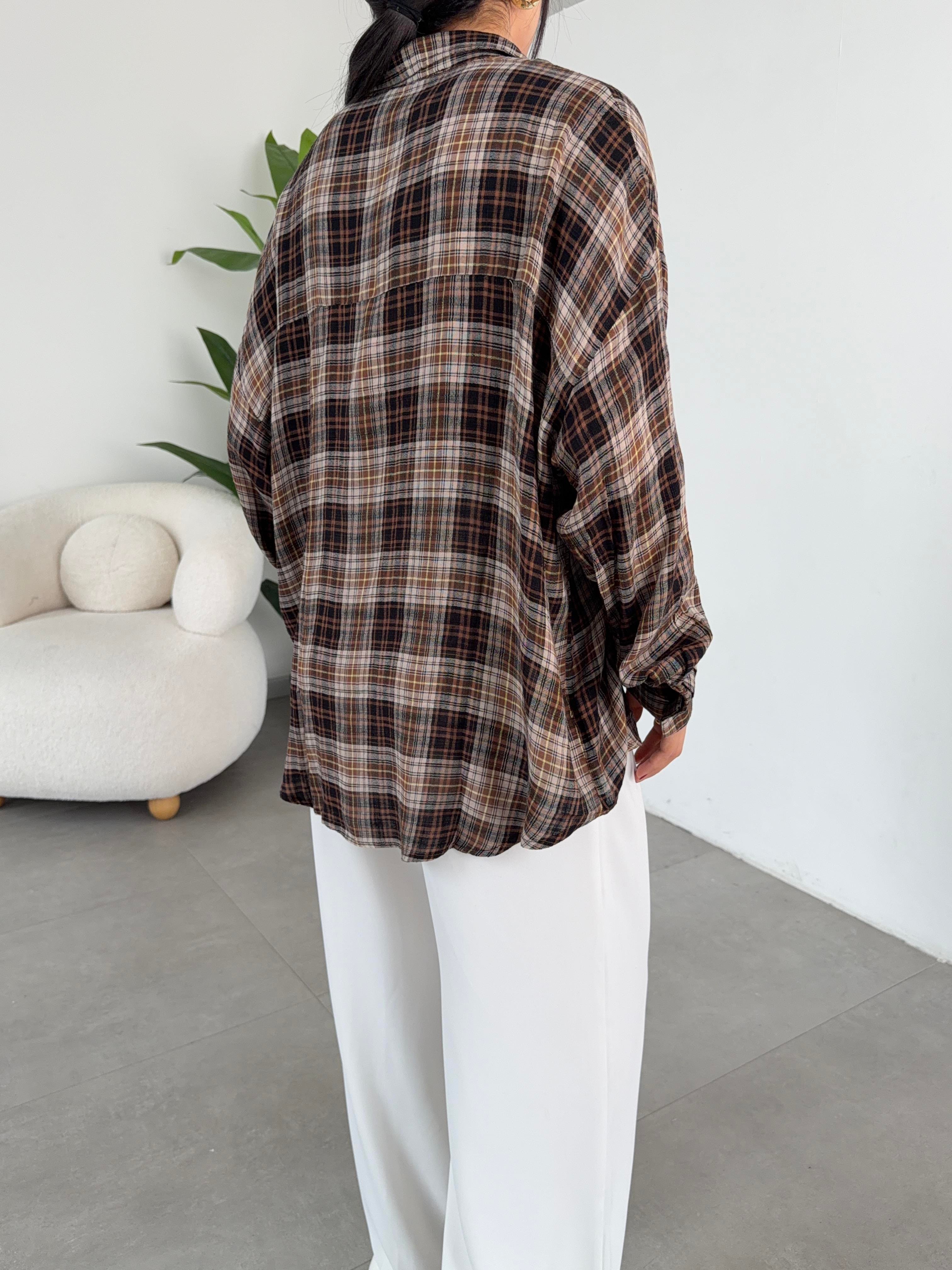 Kahve Ekose Desenli Oversize Gömlek