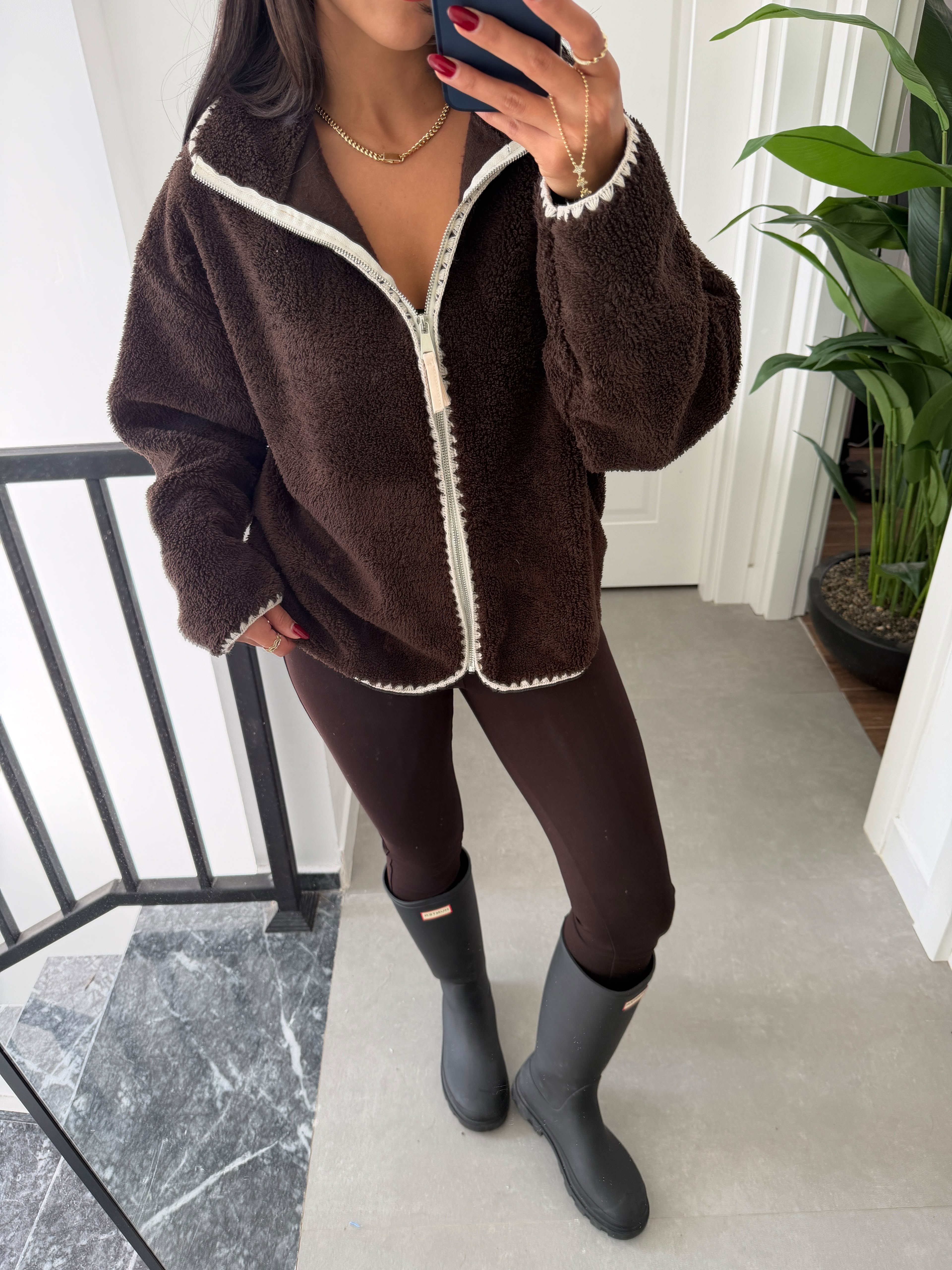Kahve Ekru Çoban Dikiş Polar Sweat