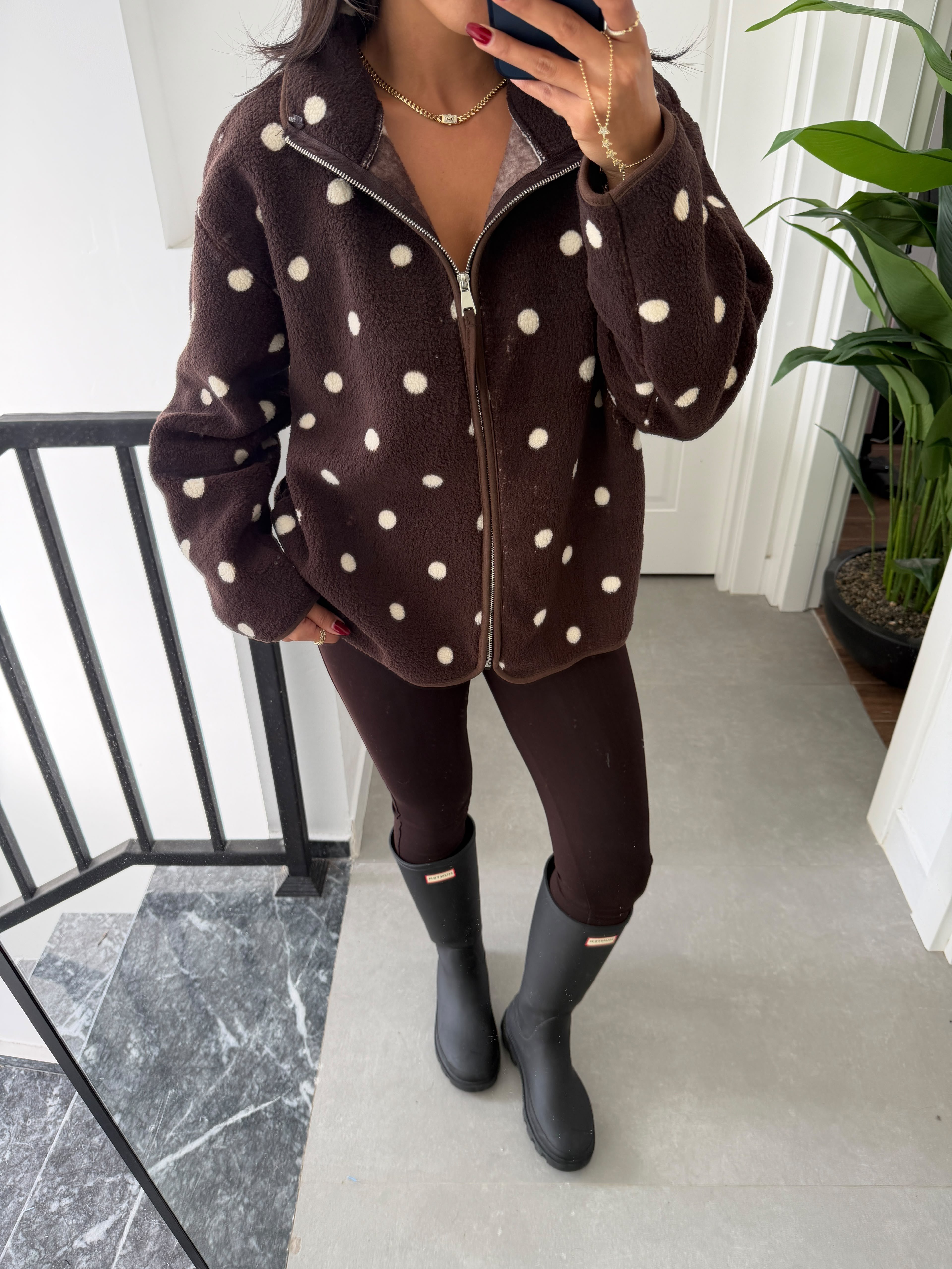 Kahve Ekru Puantiyeli Polar Sweat