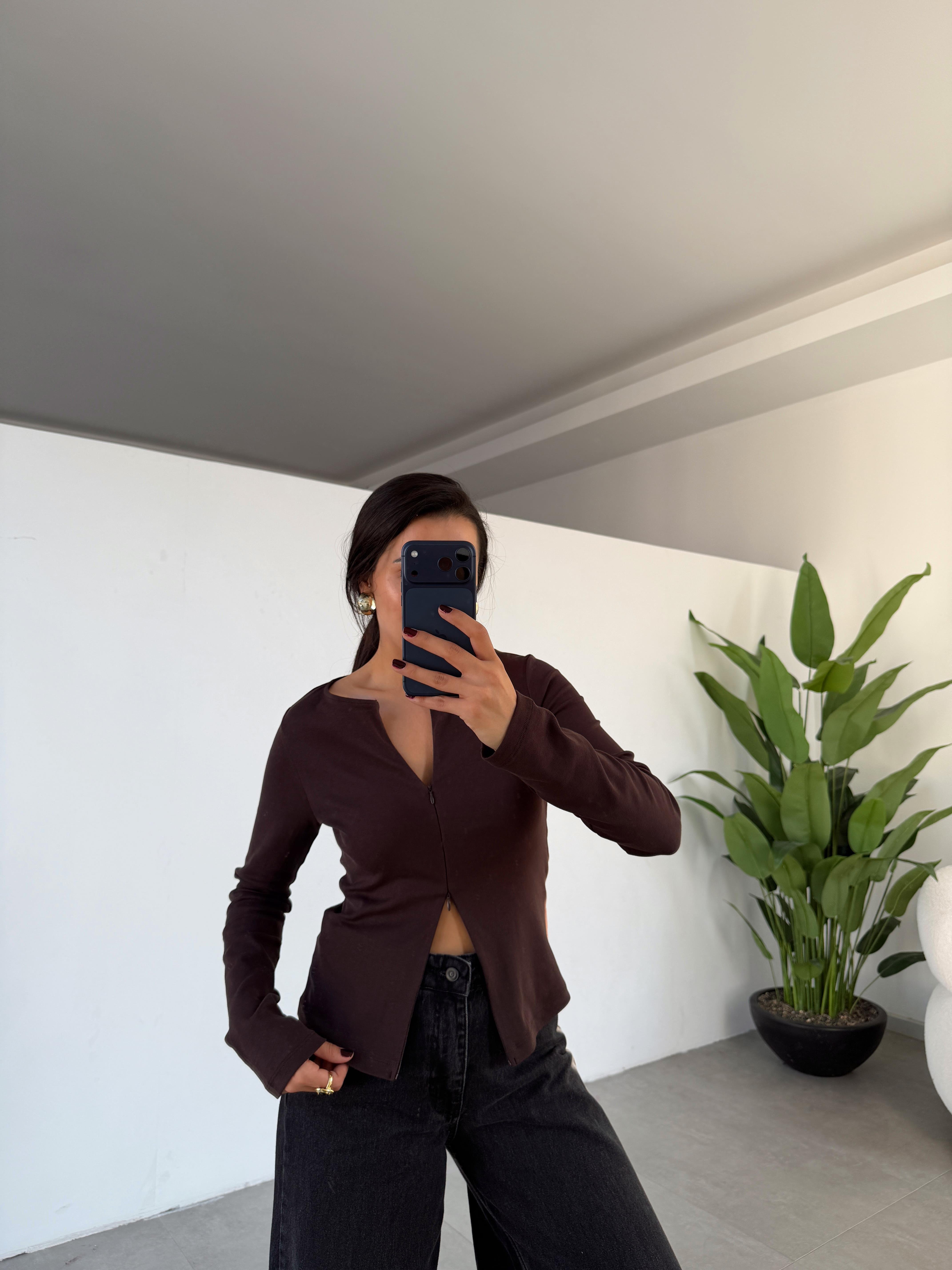 Kahve Fermuar Detaylı Uzun Kollu Bluz