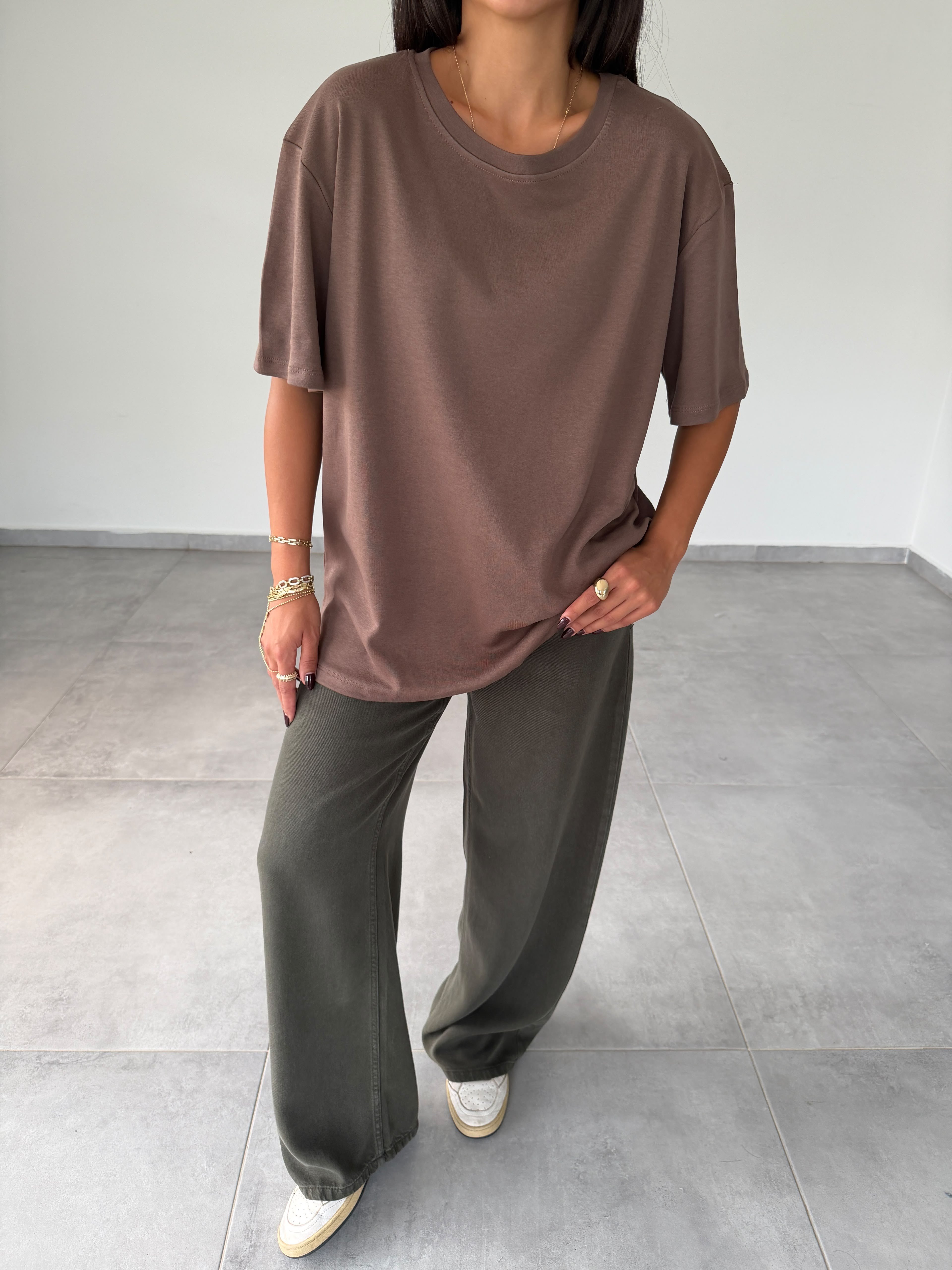 Kahve İnterlok Bisiklet Yaka Tshirt