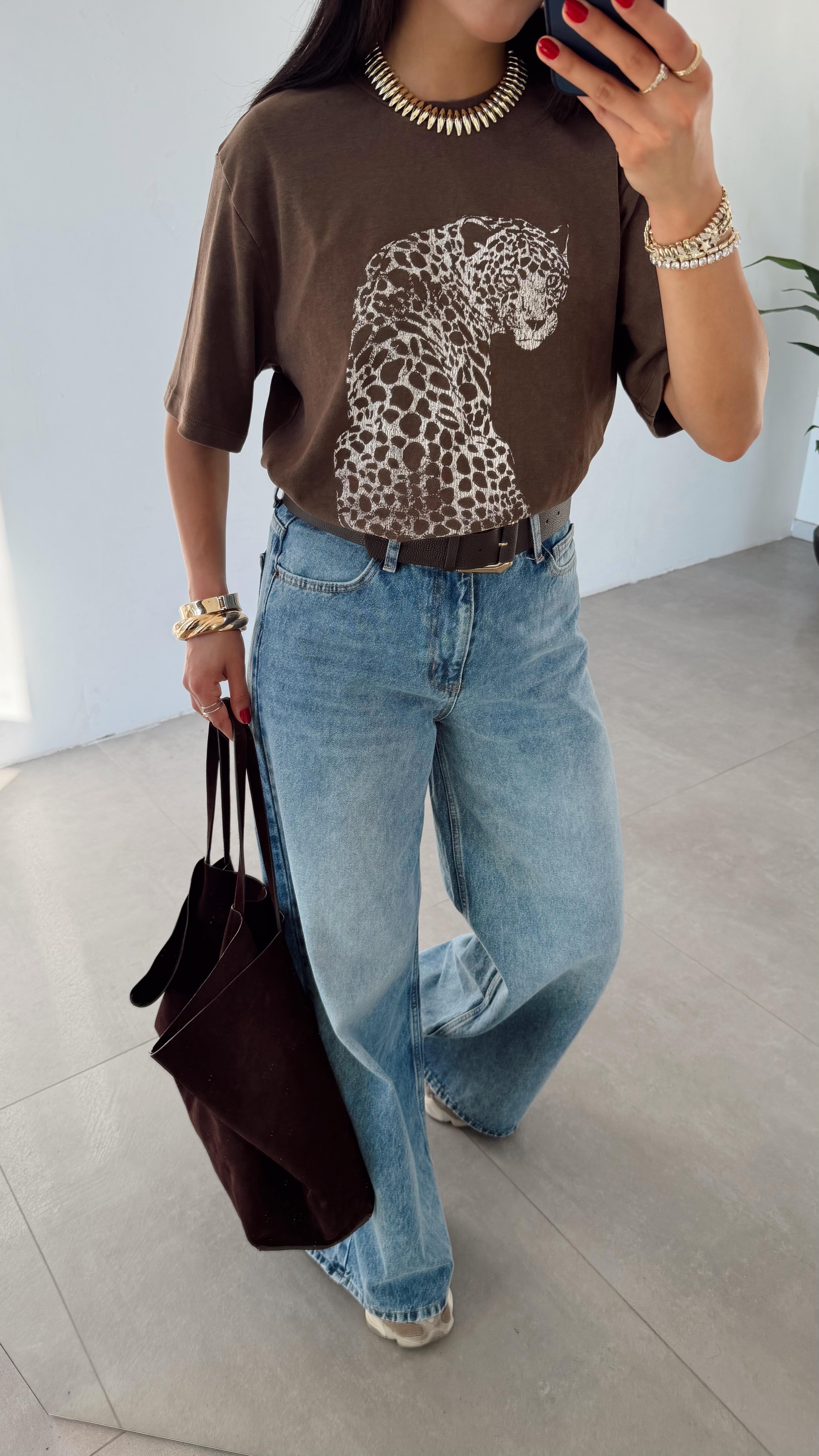 Kahve Kaplan Basklı Tshirt