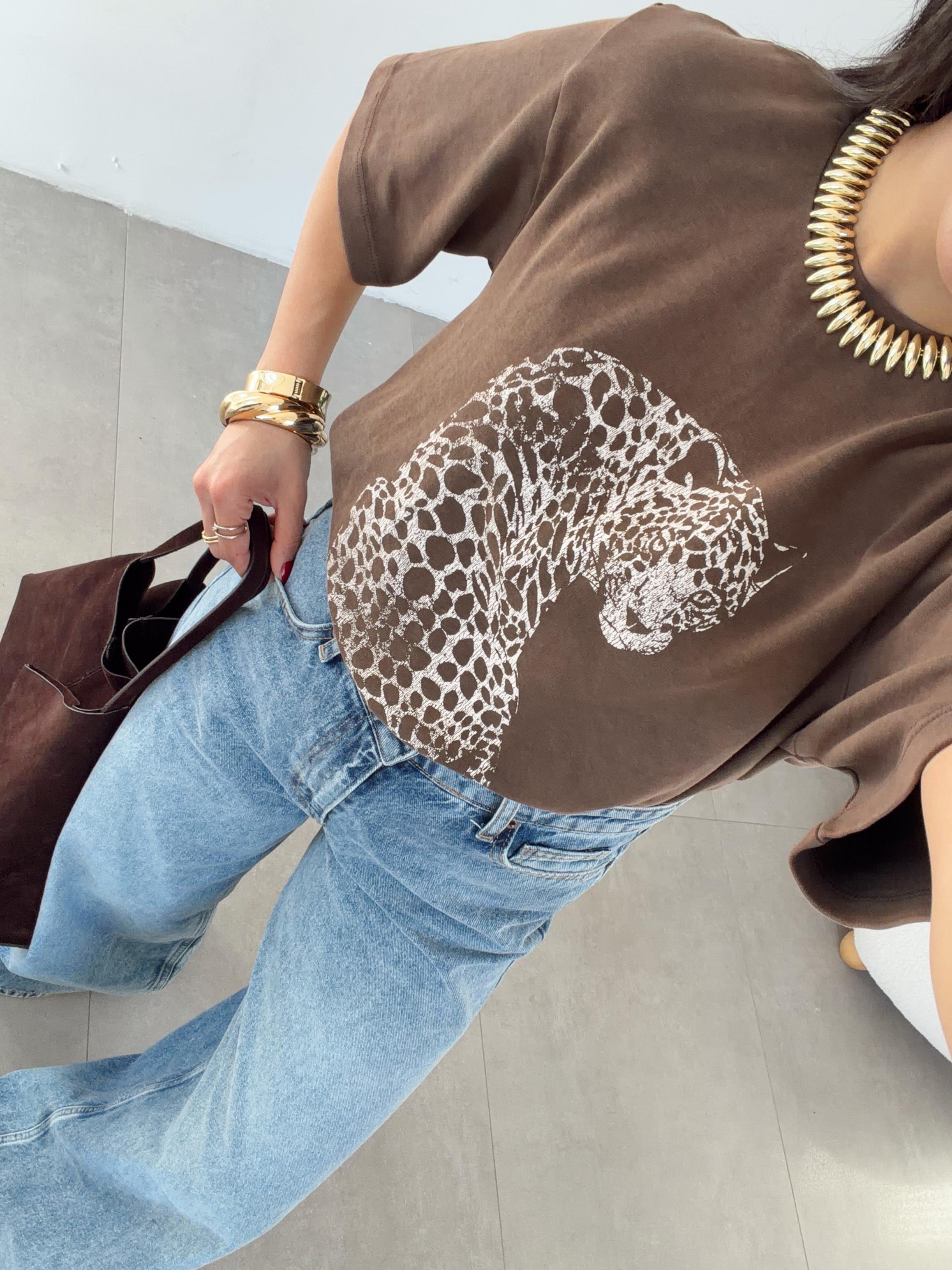 Kahve Kaplan Basklı Tshirt