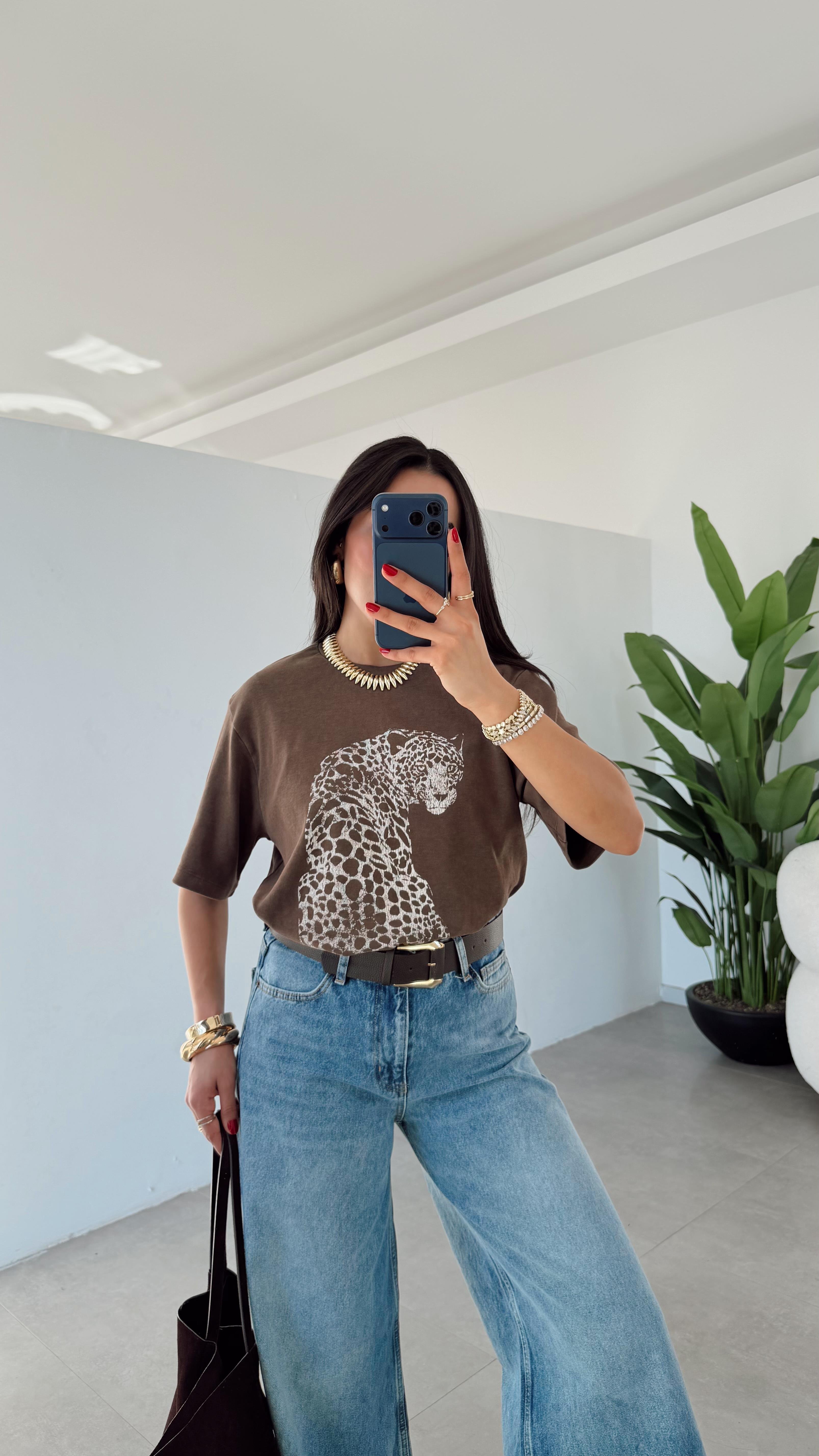 Kahve Kaplan Basklı Tshirt