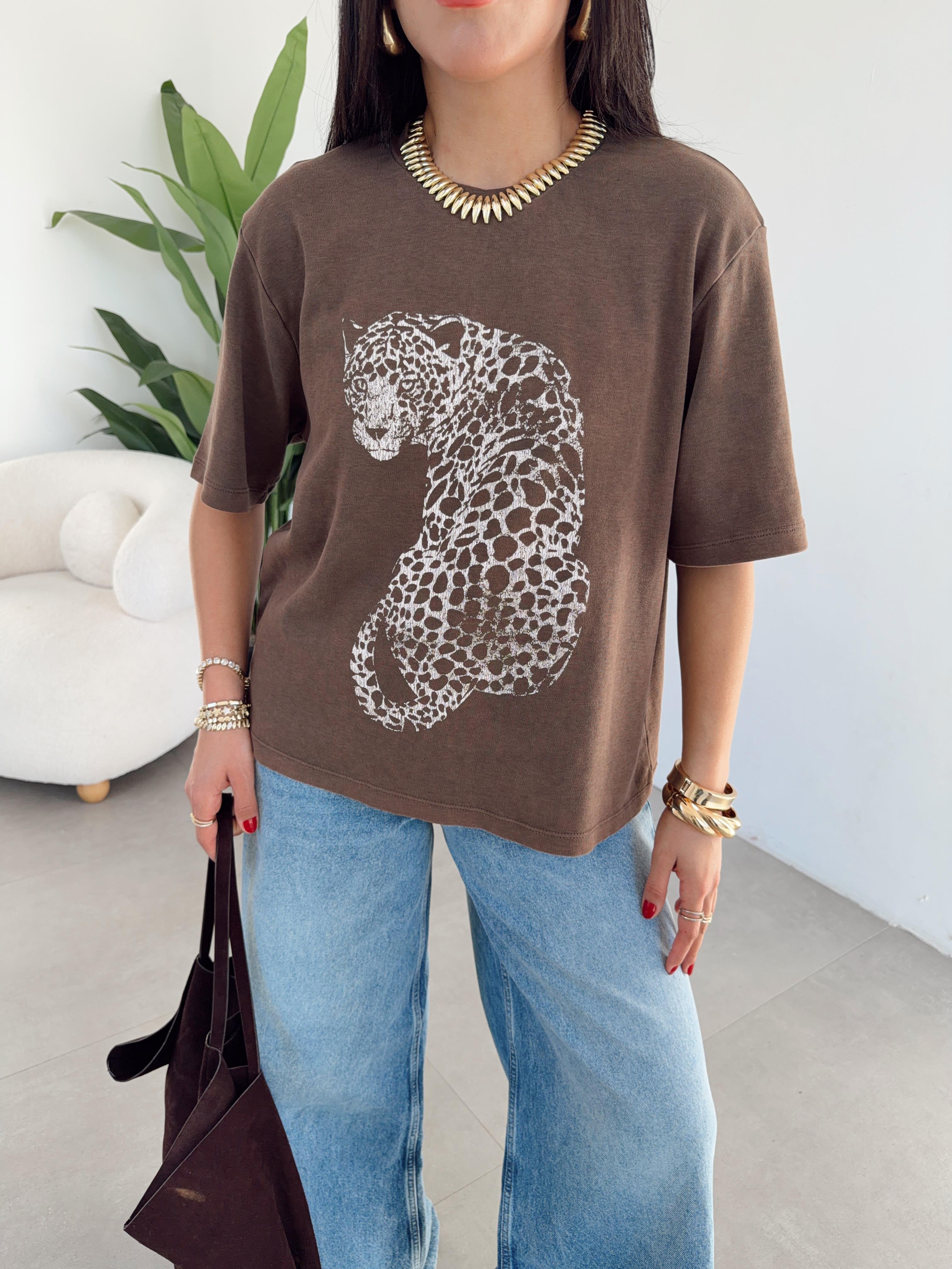 Kahve Kaplan Basklı Tshirt