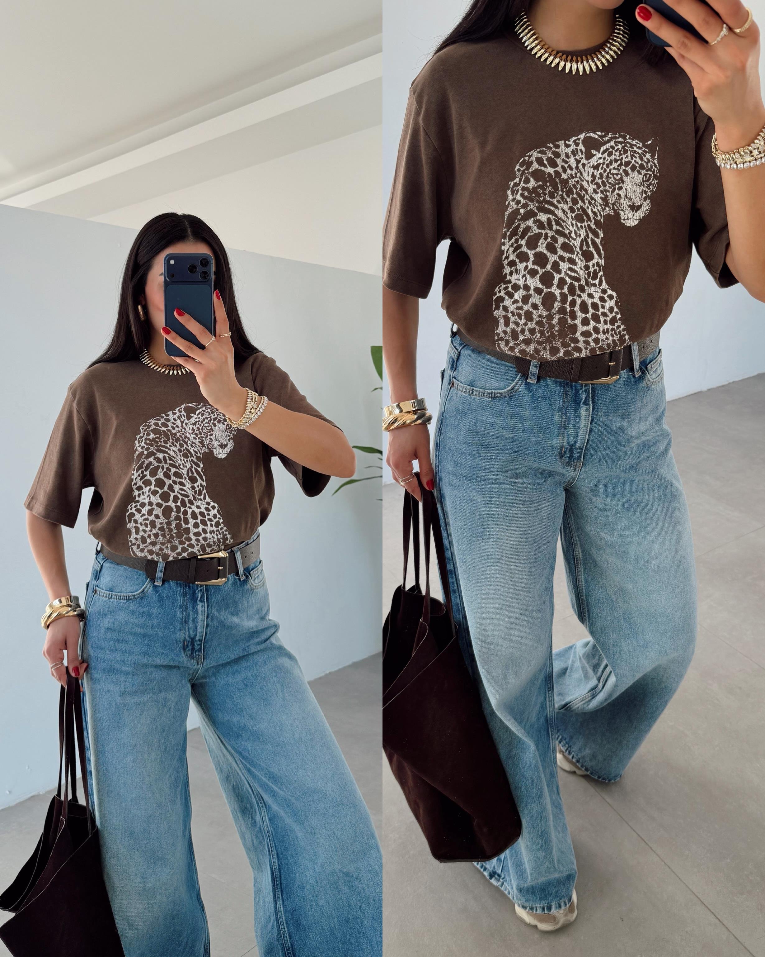 Kahve Kaplan Basklı Tshirt