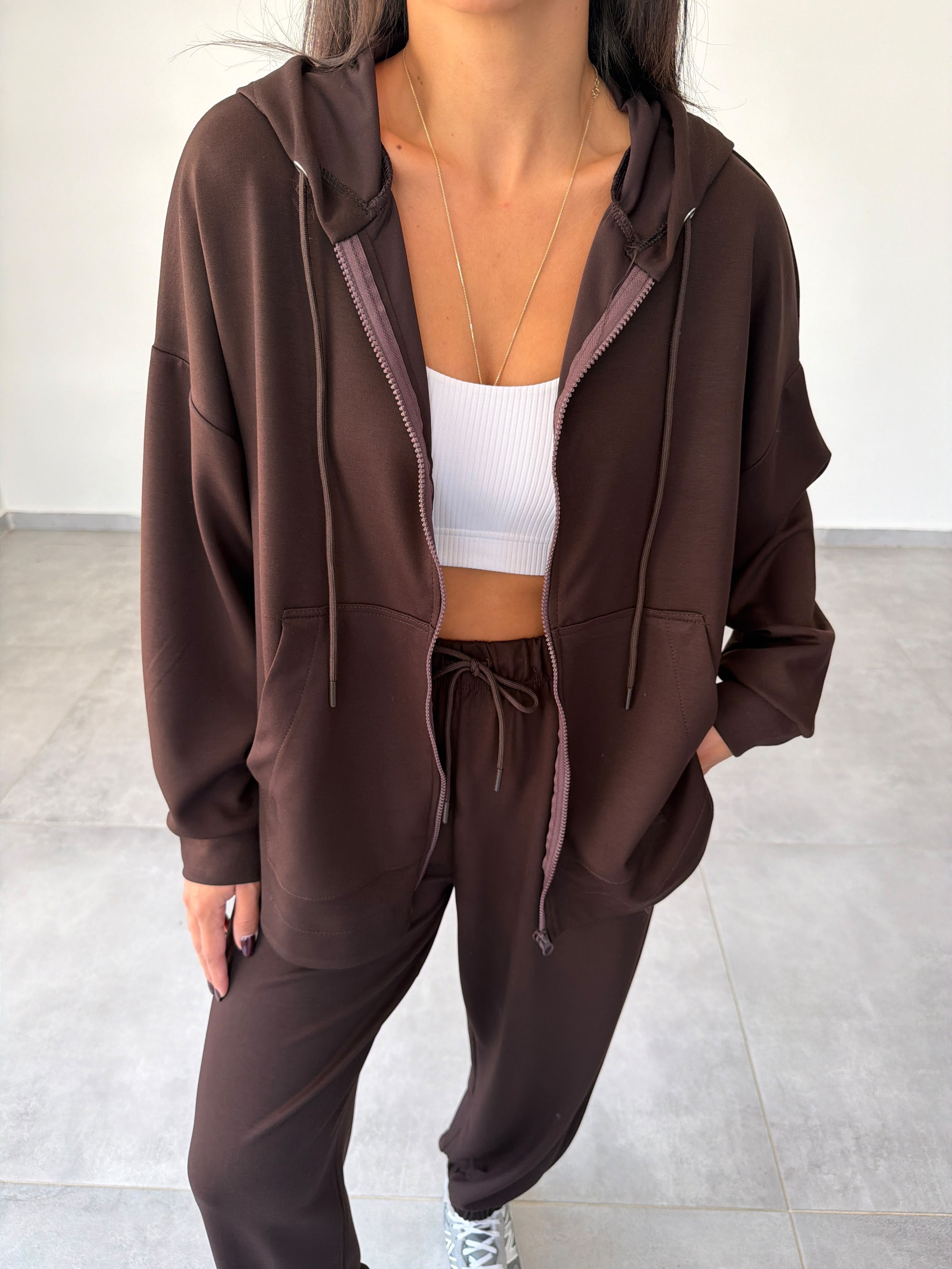Kahve Kapüşonlu Fermuarlı Rahat Kesim Sweatshirt