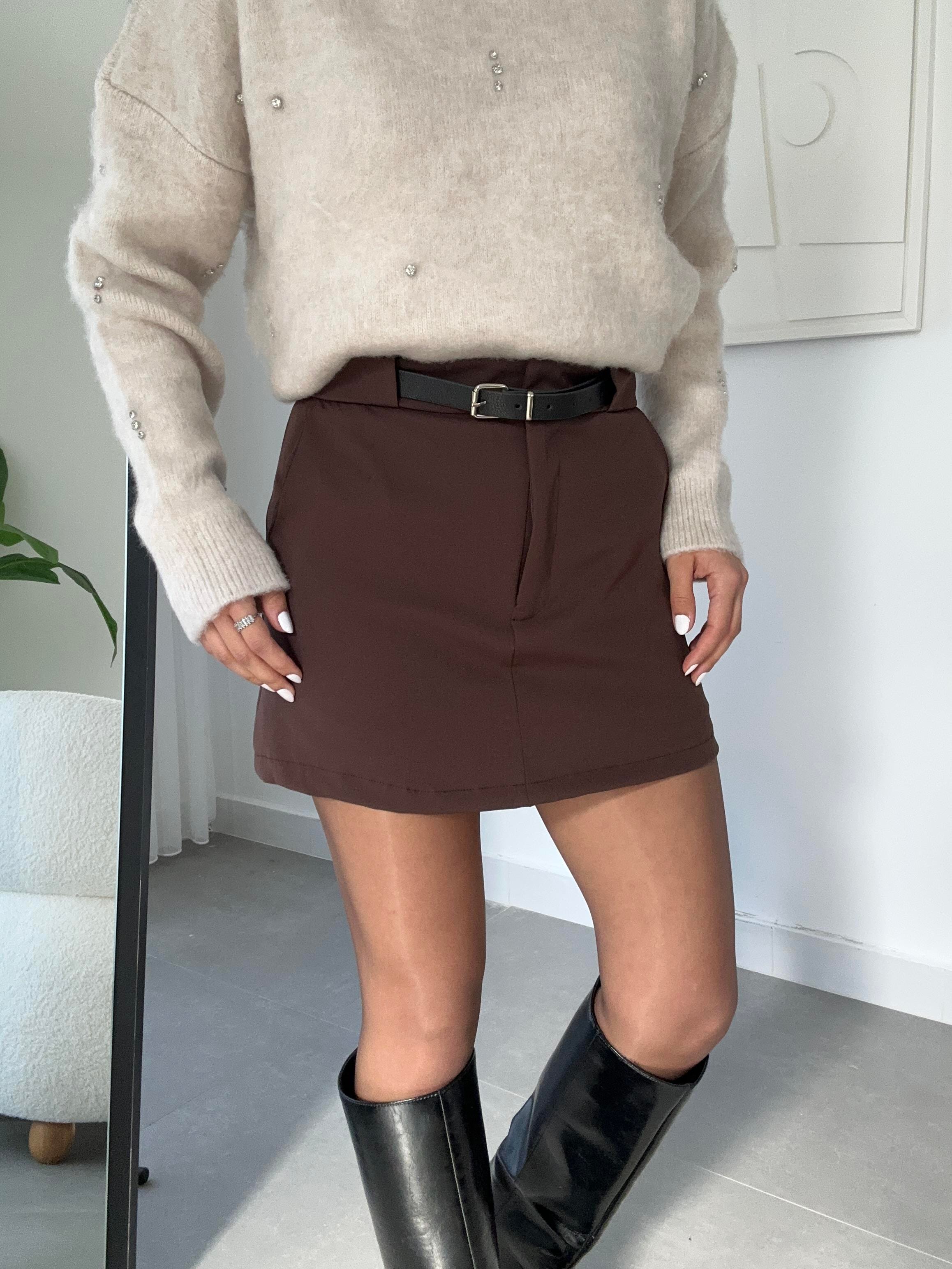Kahve Kemerli Şort Etek