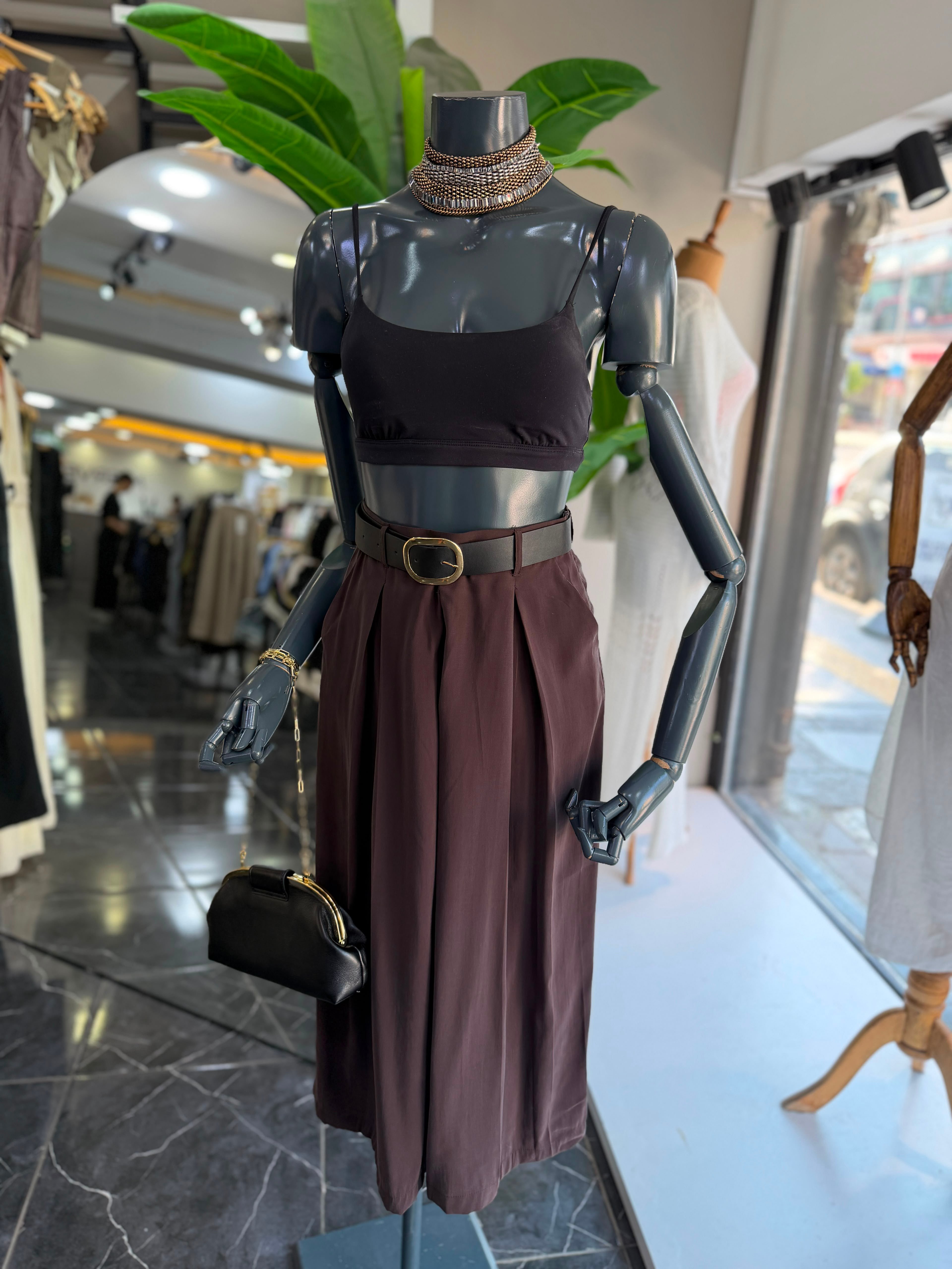 Kahve Kemerli Ve Pileli Culotte Pantolon