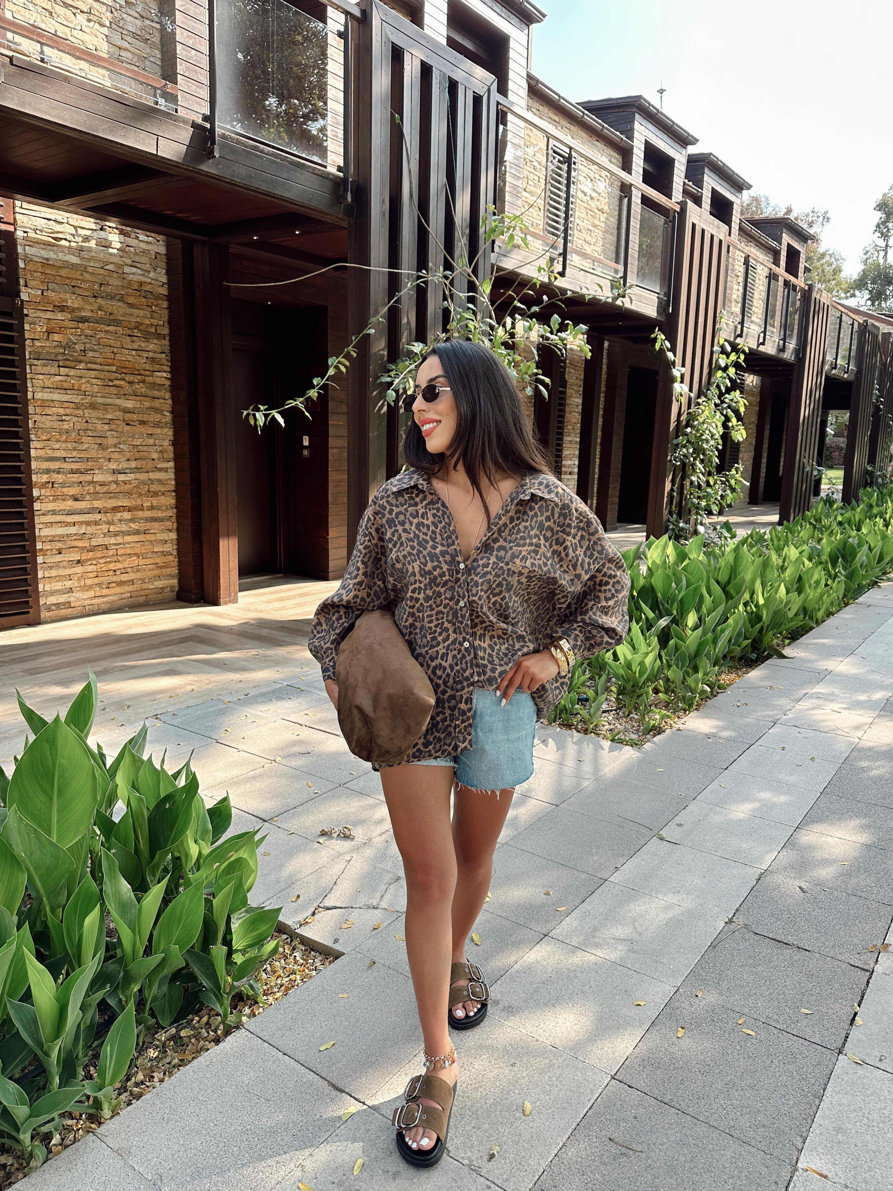 Kahve Leopar Oversize Gömlek