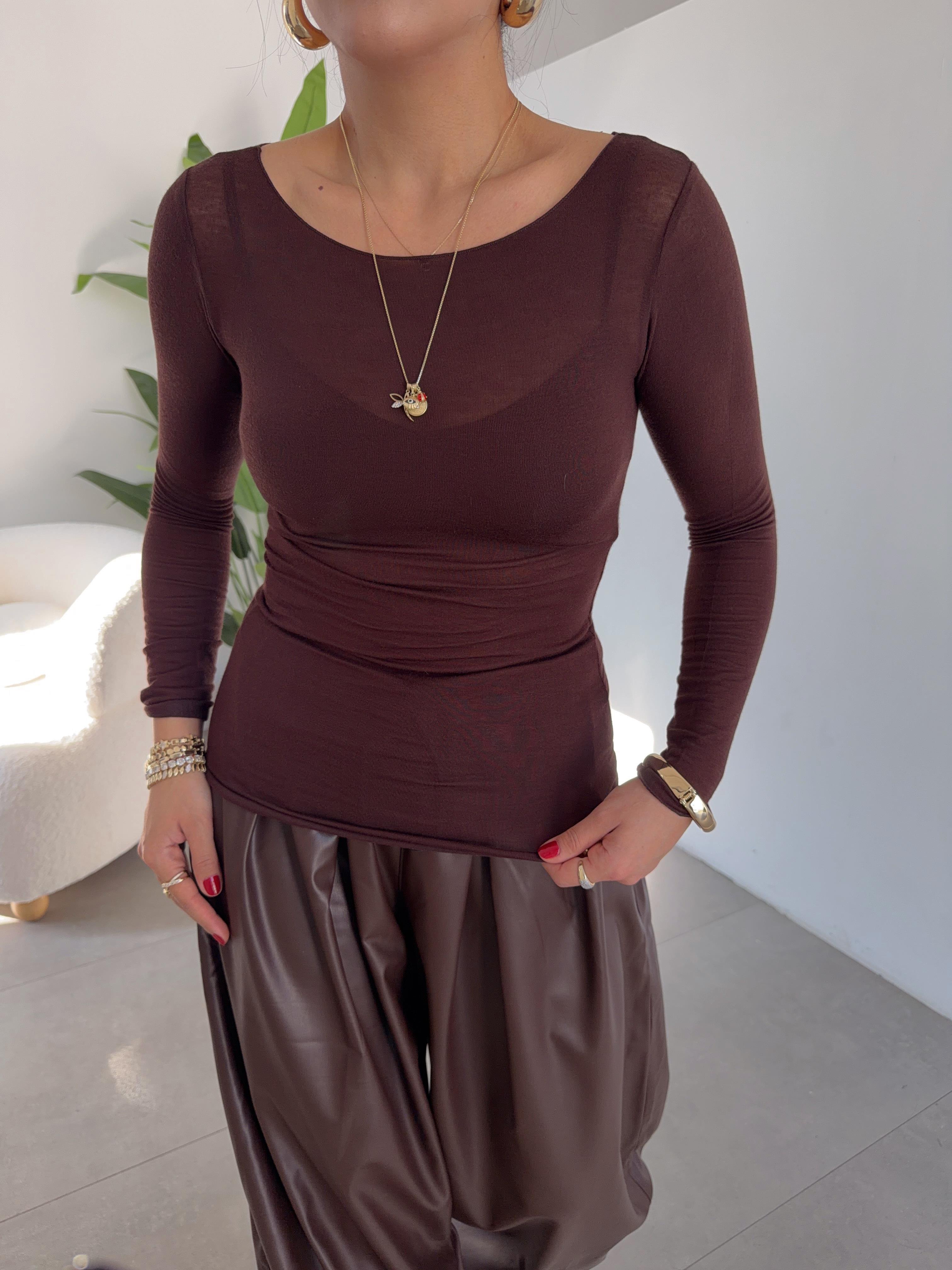 Kahve Modal Kayık Yaka Bluz