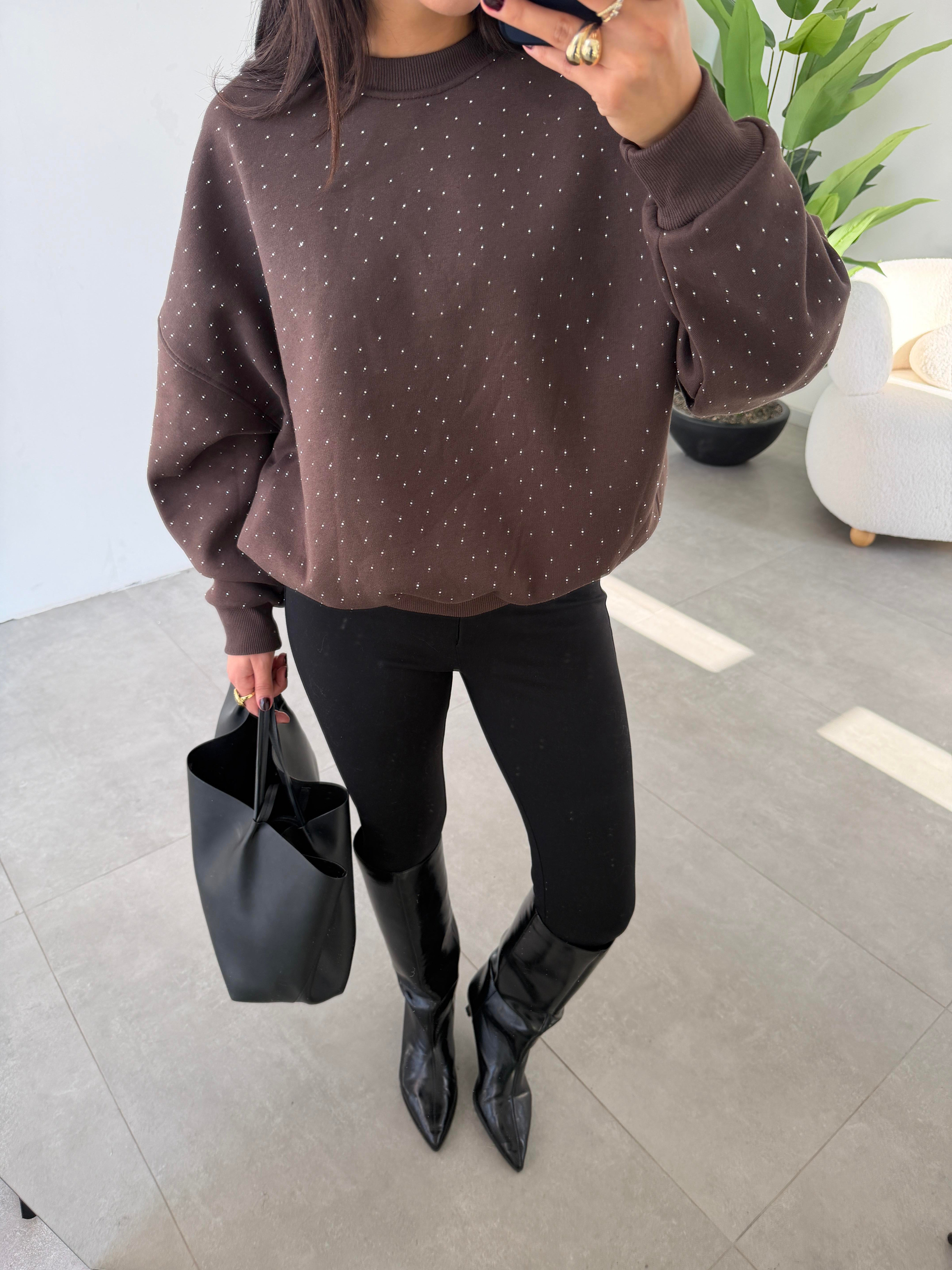 Kahve Oversize Taşlı Sweatshirt