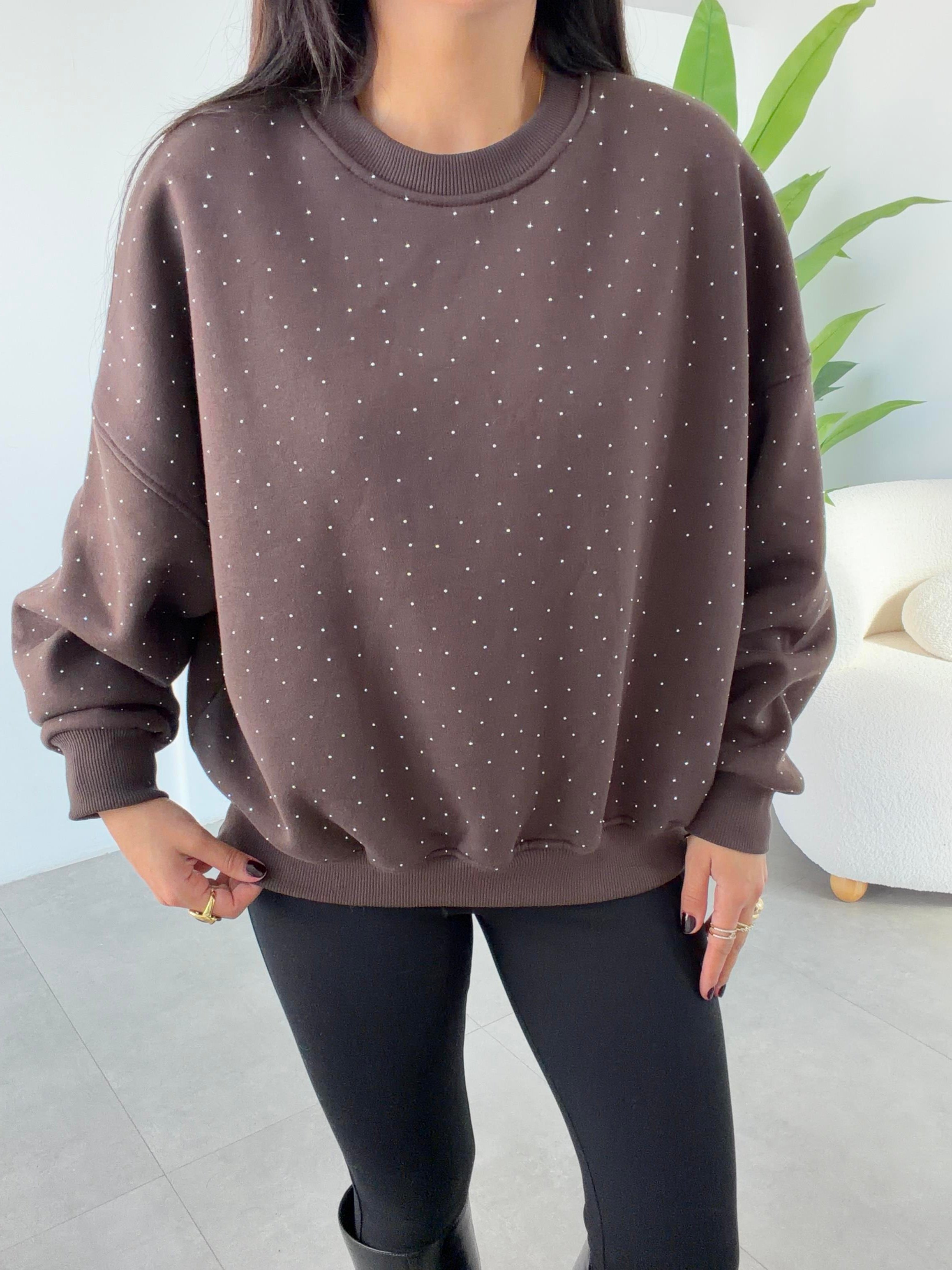 Kahve Oversize Taşlı Sweatshirt