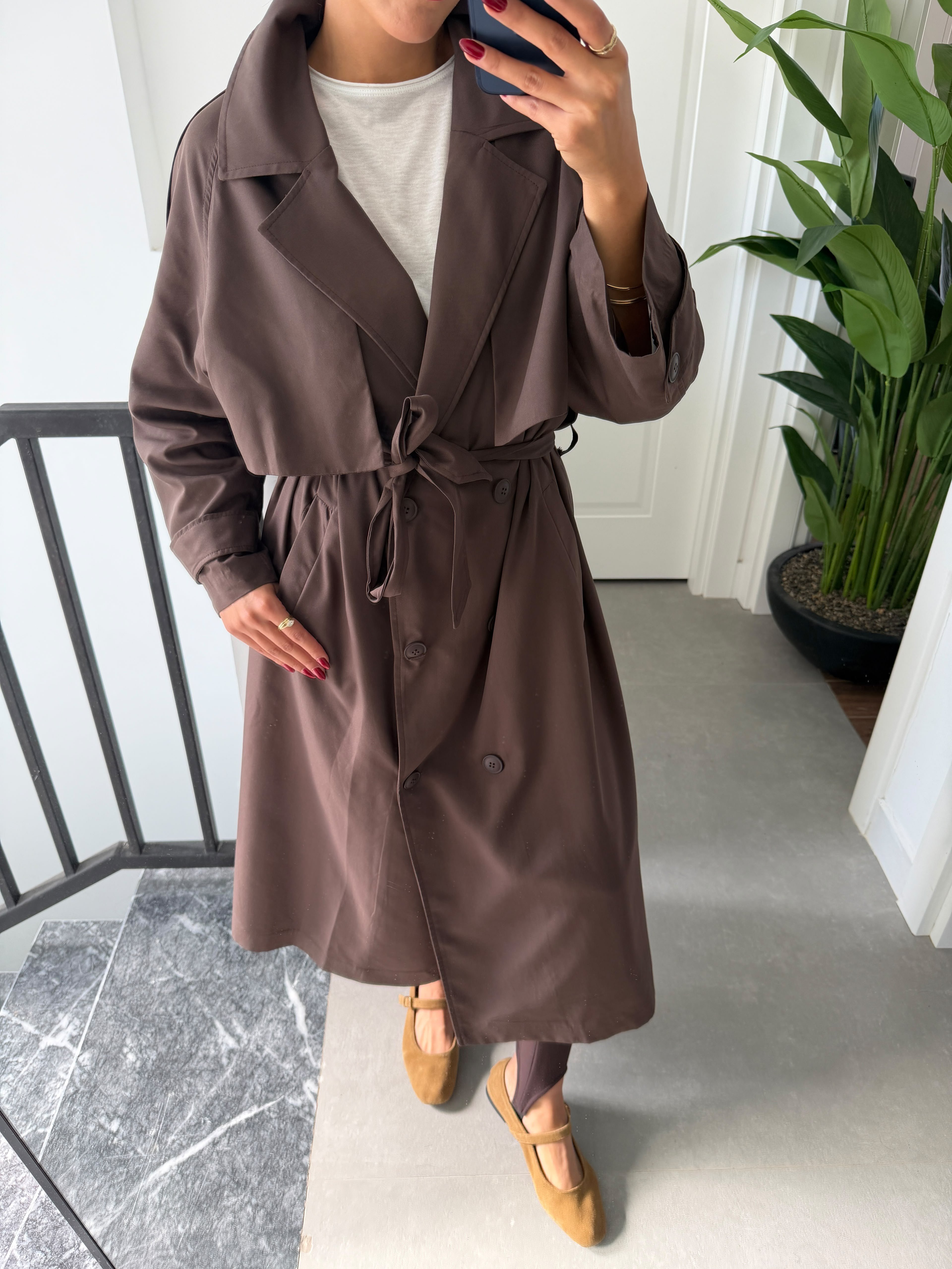 Kahve Oversize Uzun Trençkot