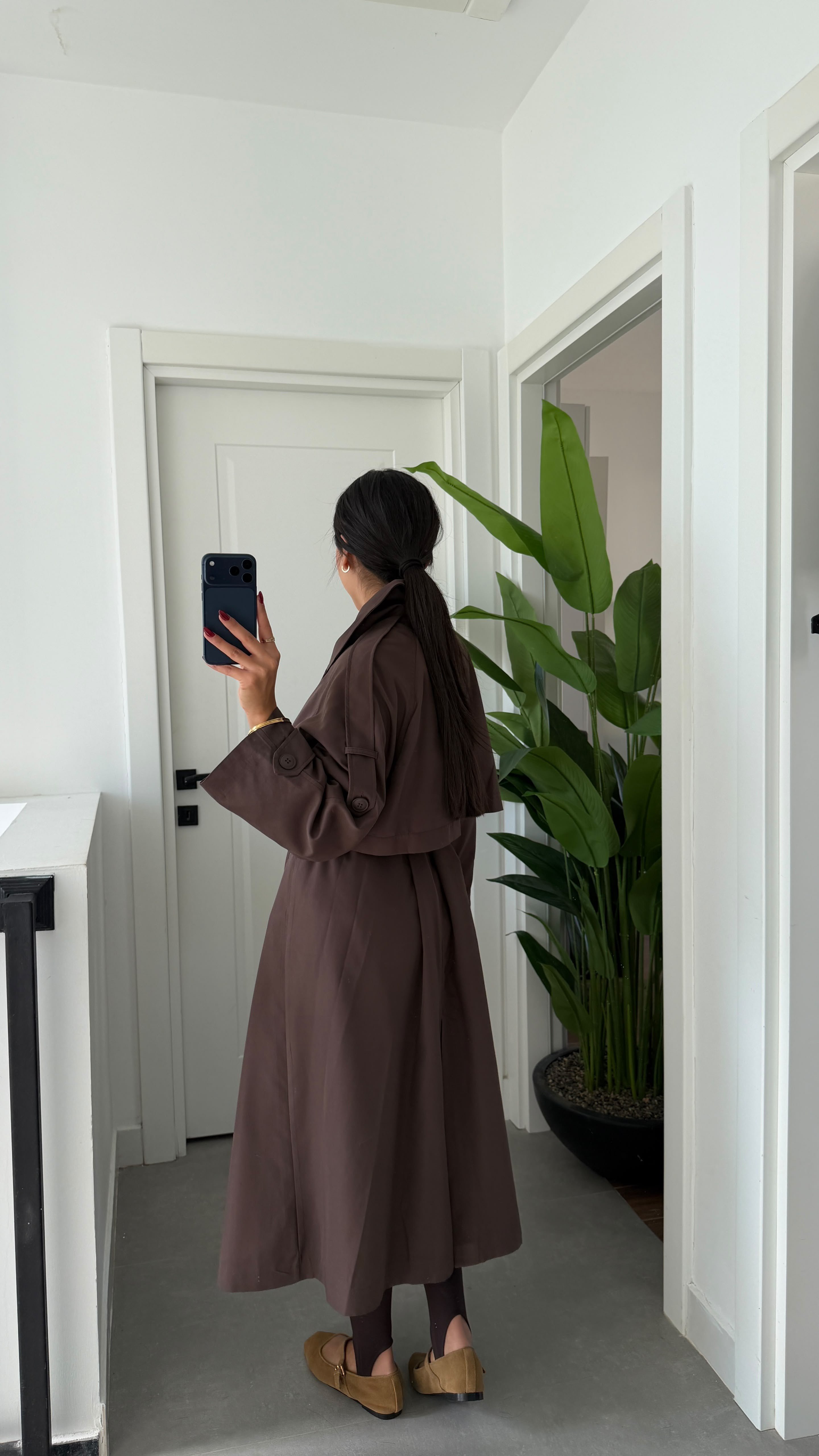 Kahve Oversize Uzun Trençkot