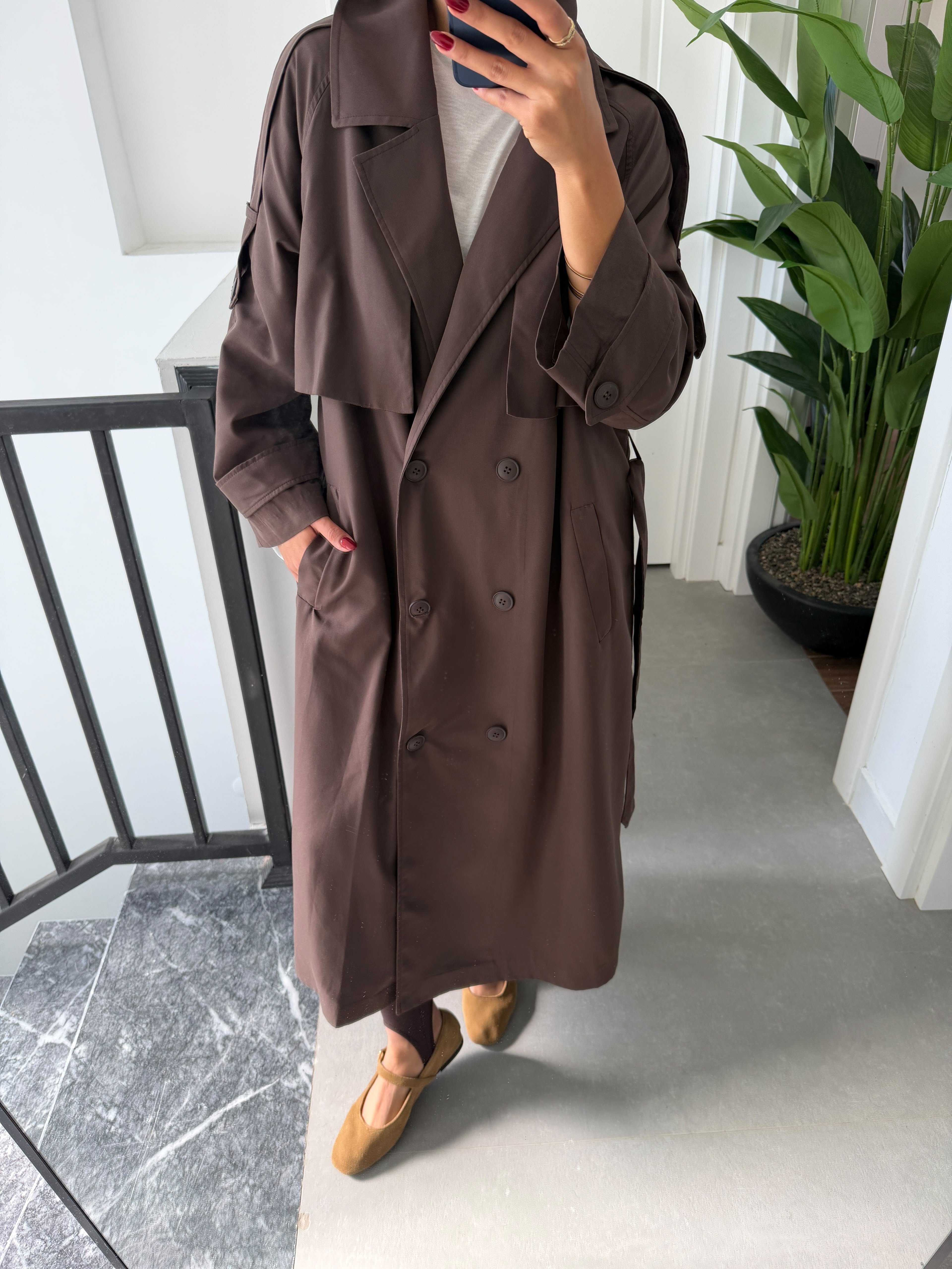 Kahve Oversize Uzun Trençkot