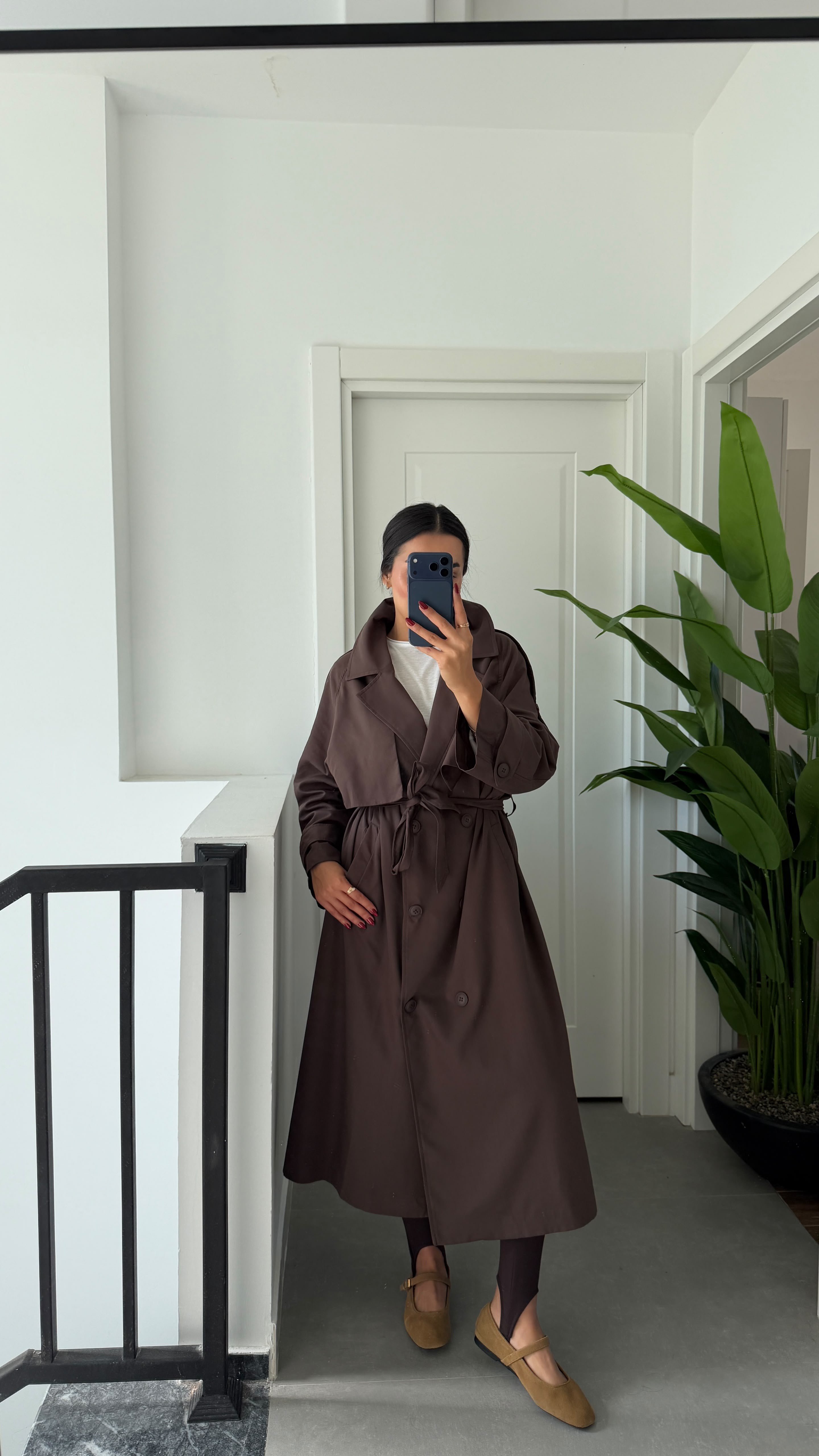 Kahve Oversize Uzun Trençkot