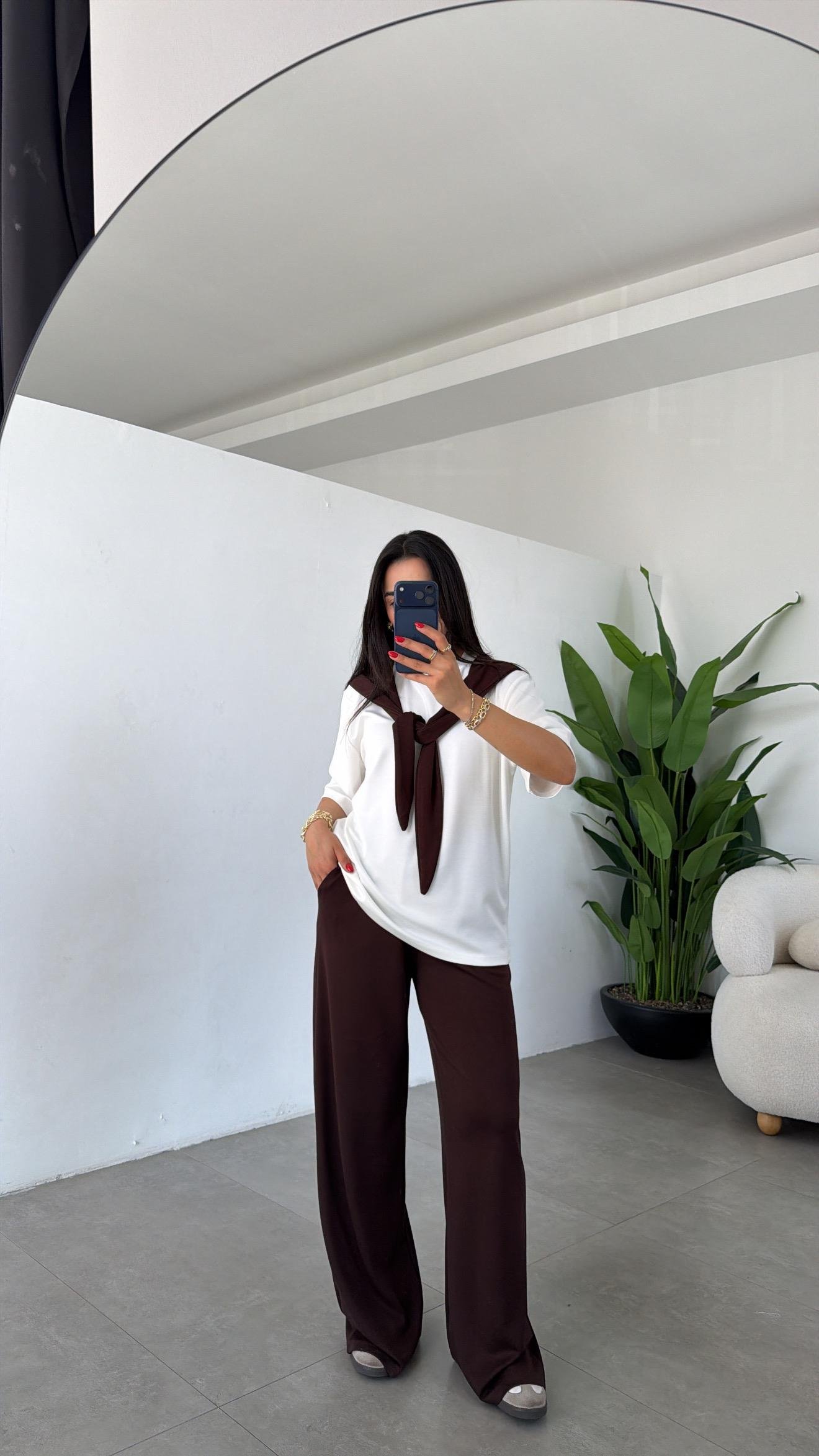 Kahve Oys Modal Atkılı Tshirt Pantolon Takım