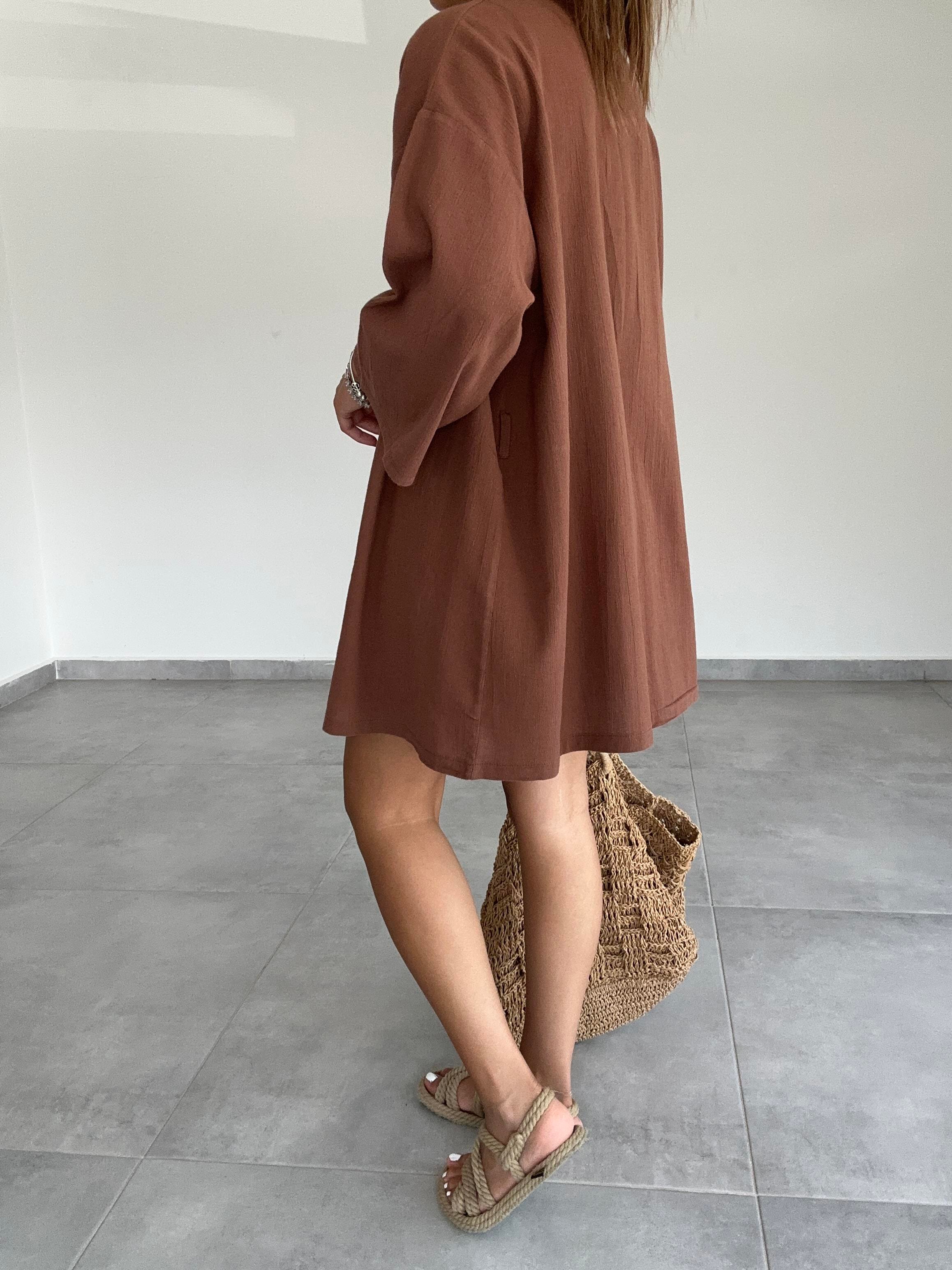 Kahve Şile Şortlu Kimono Takım
