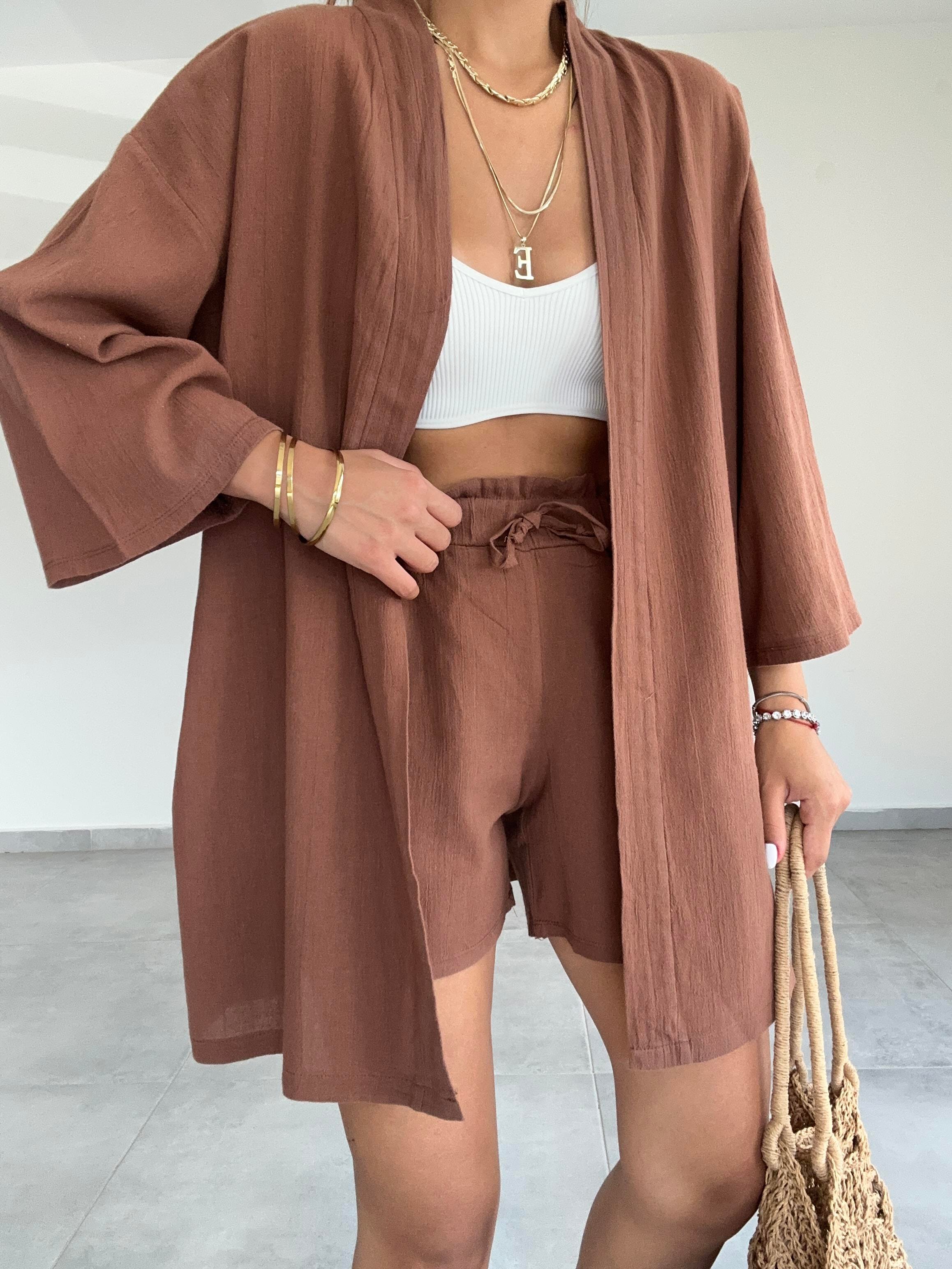 Kahve Şile Şortlu Kimono Takım