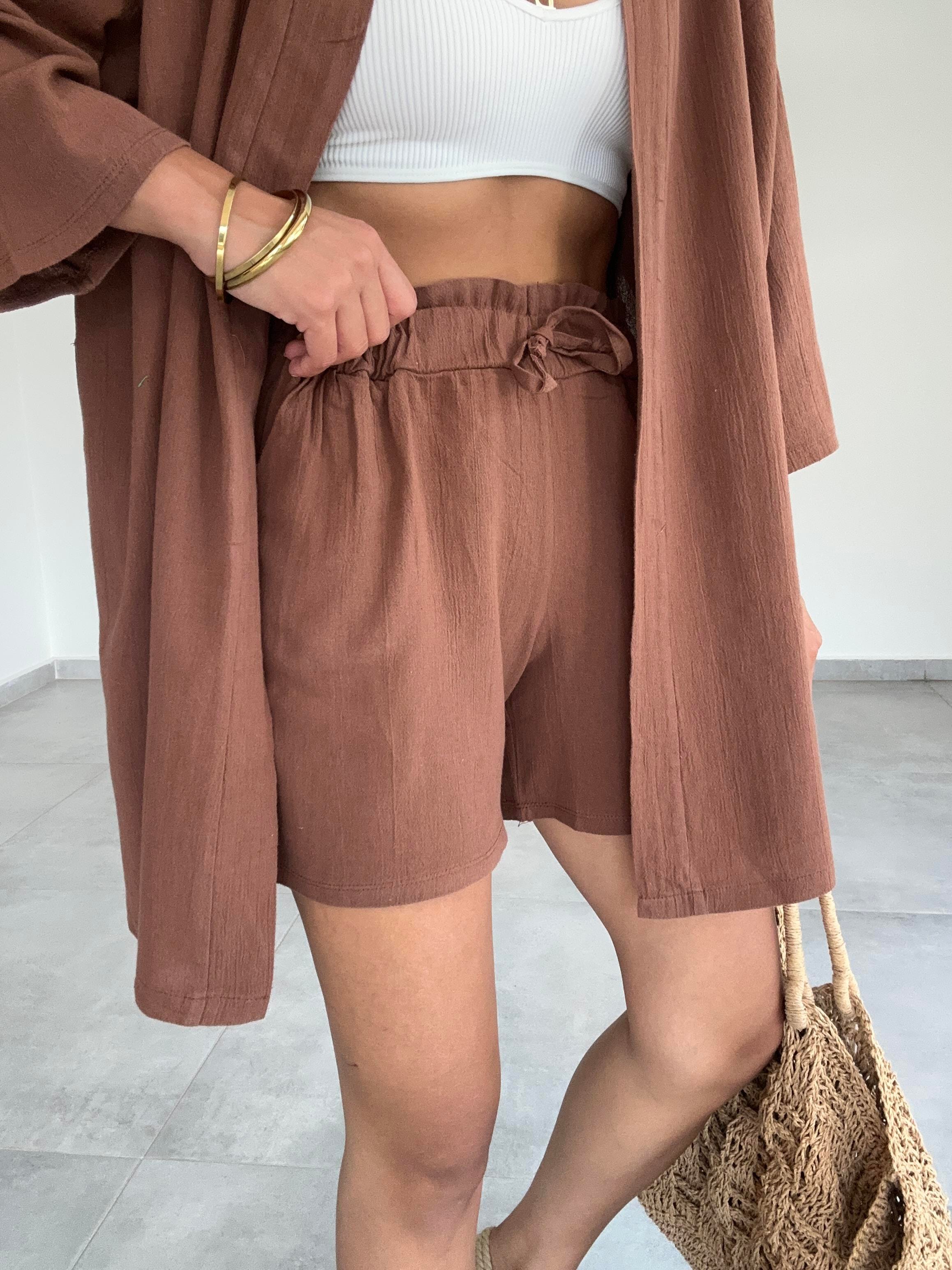 Kahve Şile Şortlu Kimono Takım
