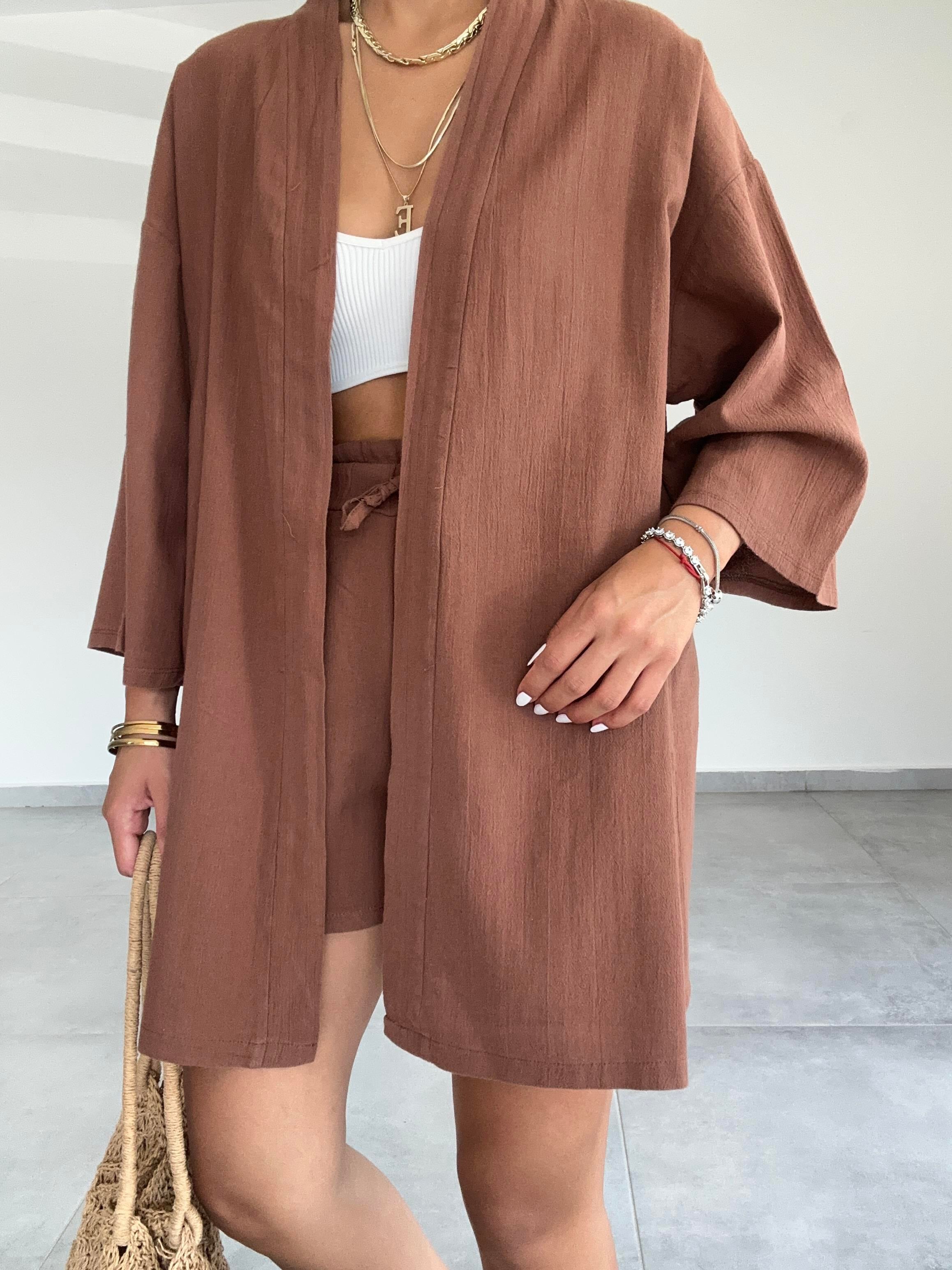 Kahve Şile Şortlu Kimono Takım