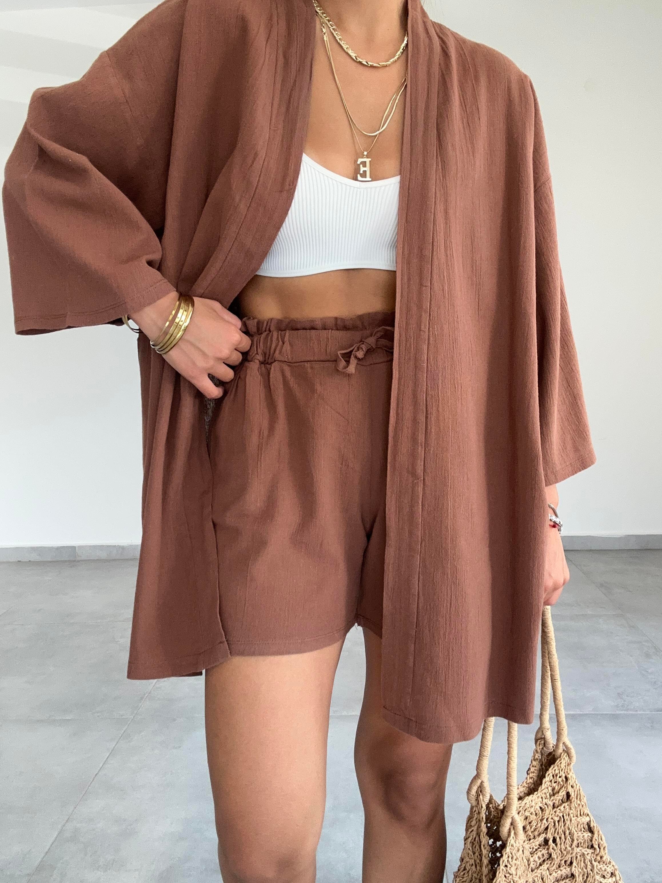 Kahve Şile Şortlu Kimono Takım