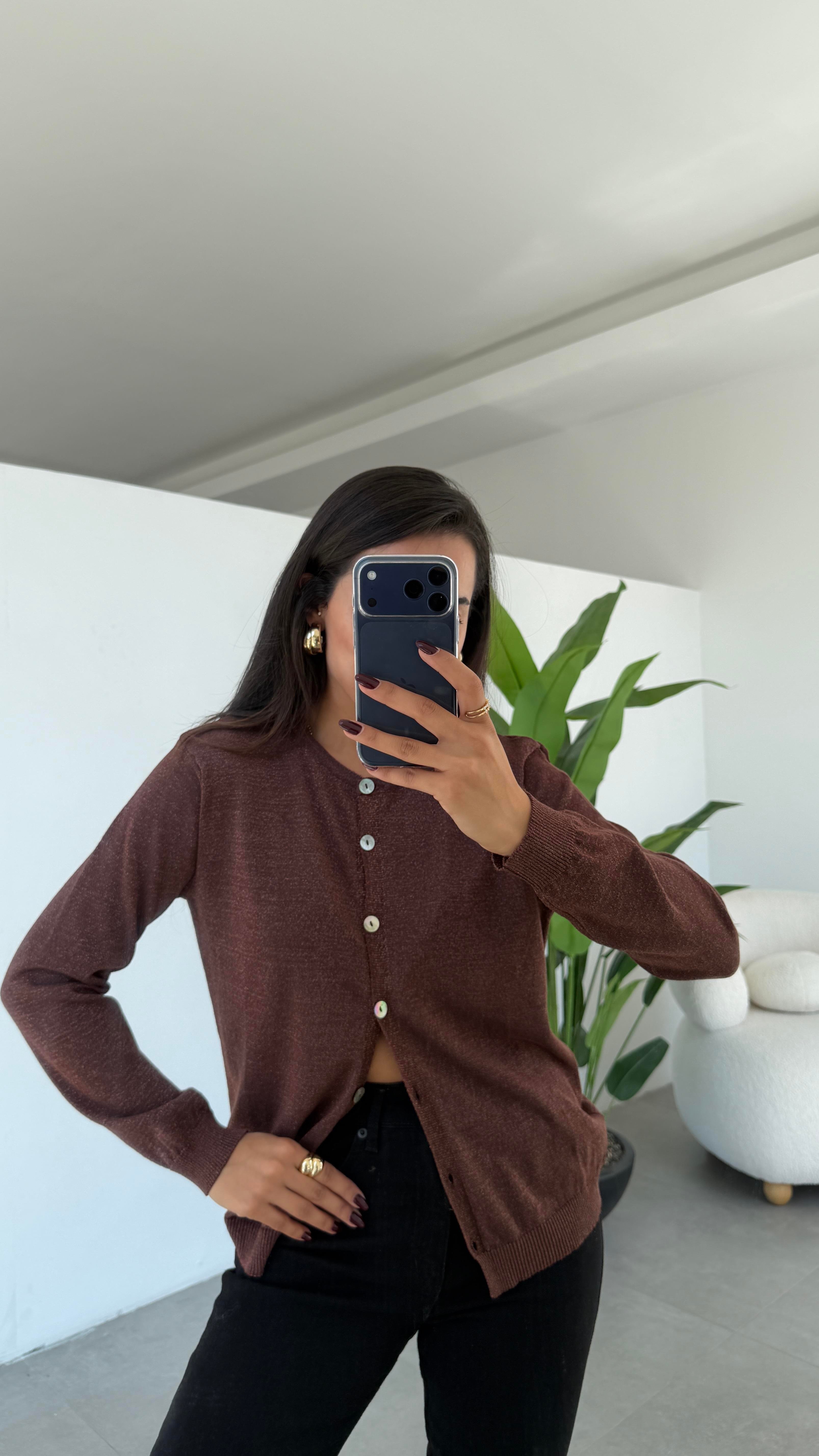 Kahve Simli Triko Hırka