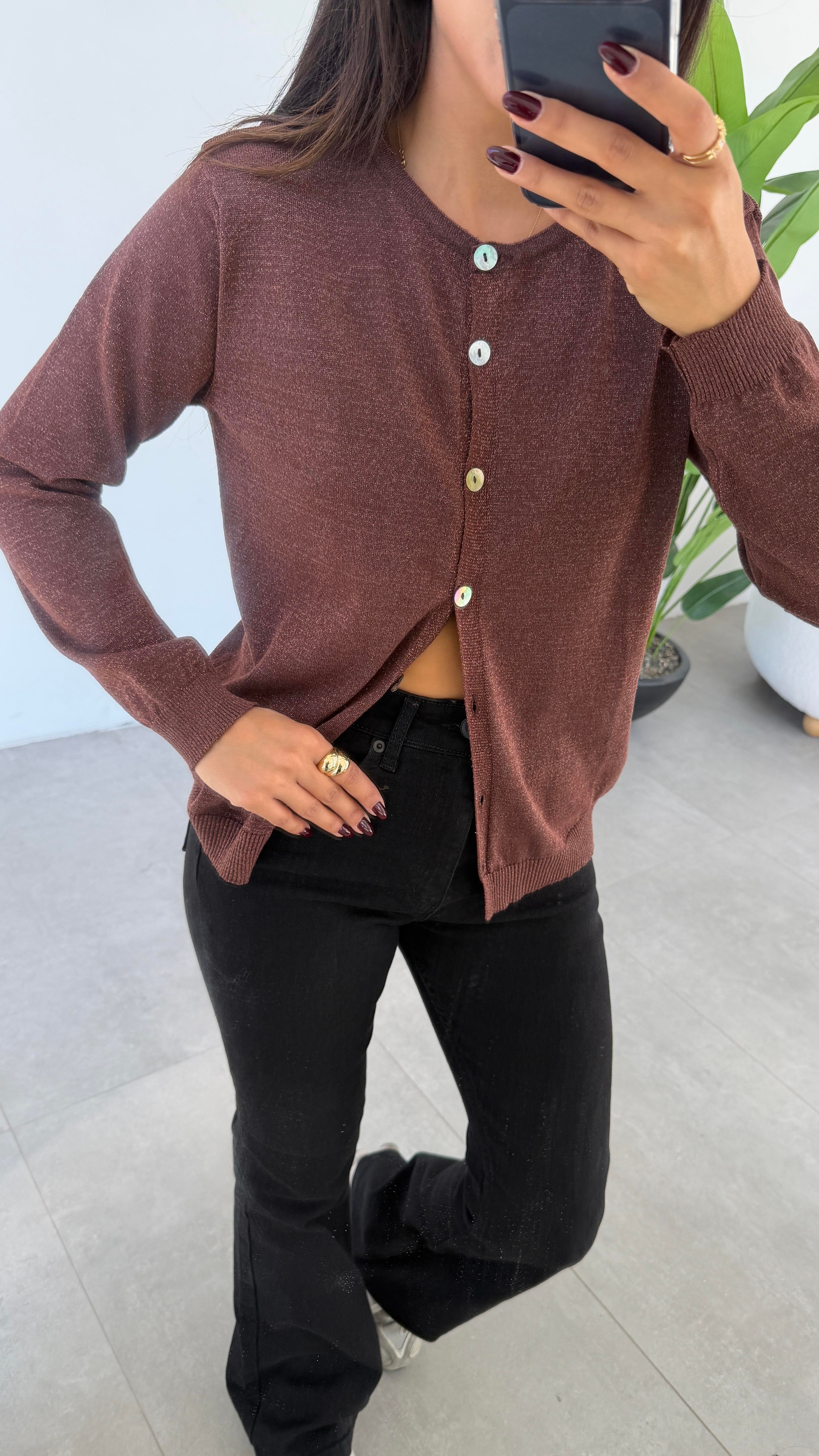 Kahve Simli Triko Hırka