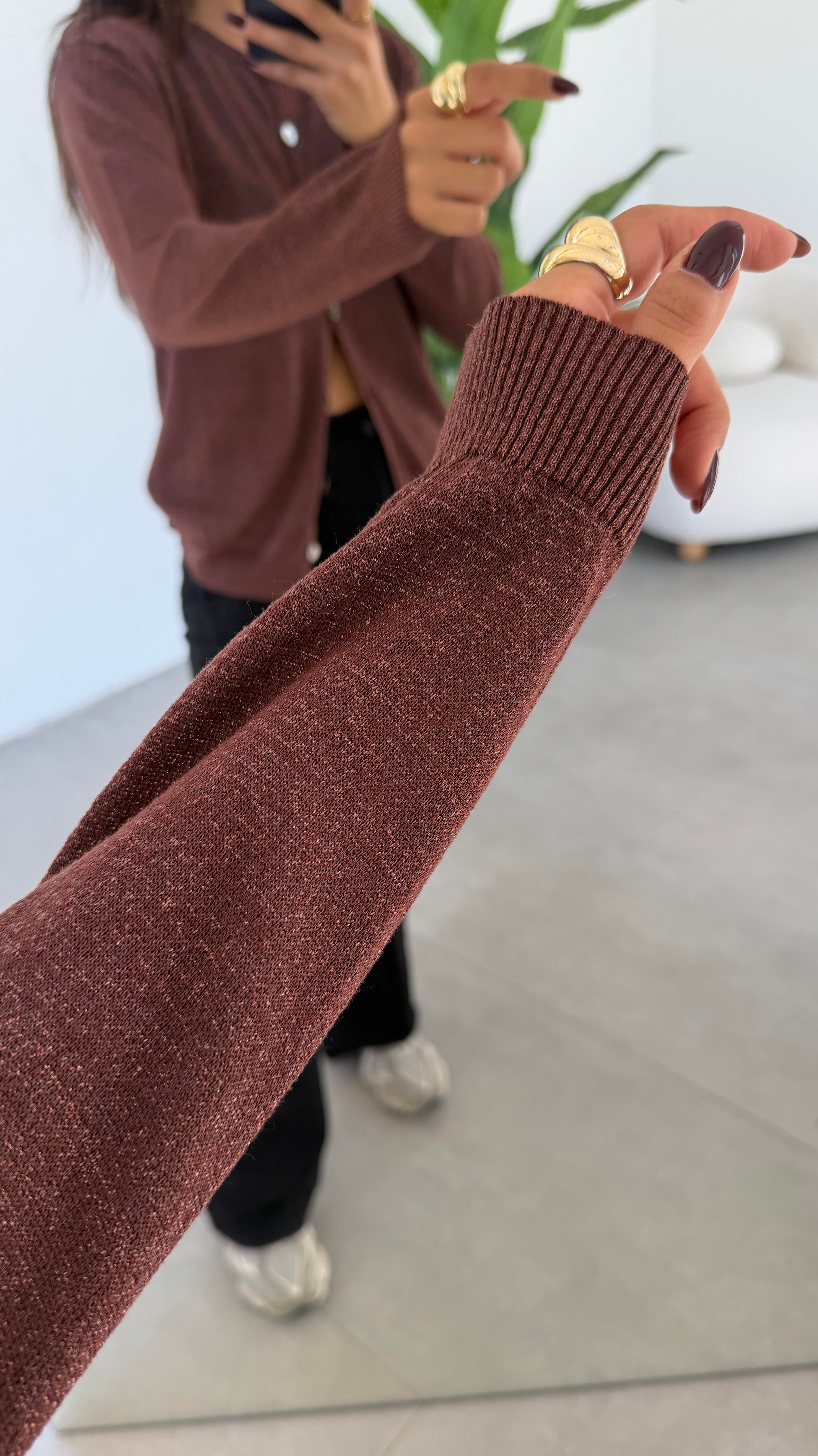 Kahve Simli Triko Hırka