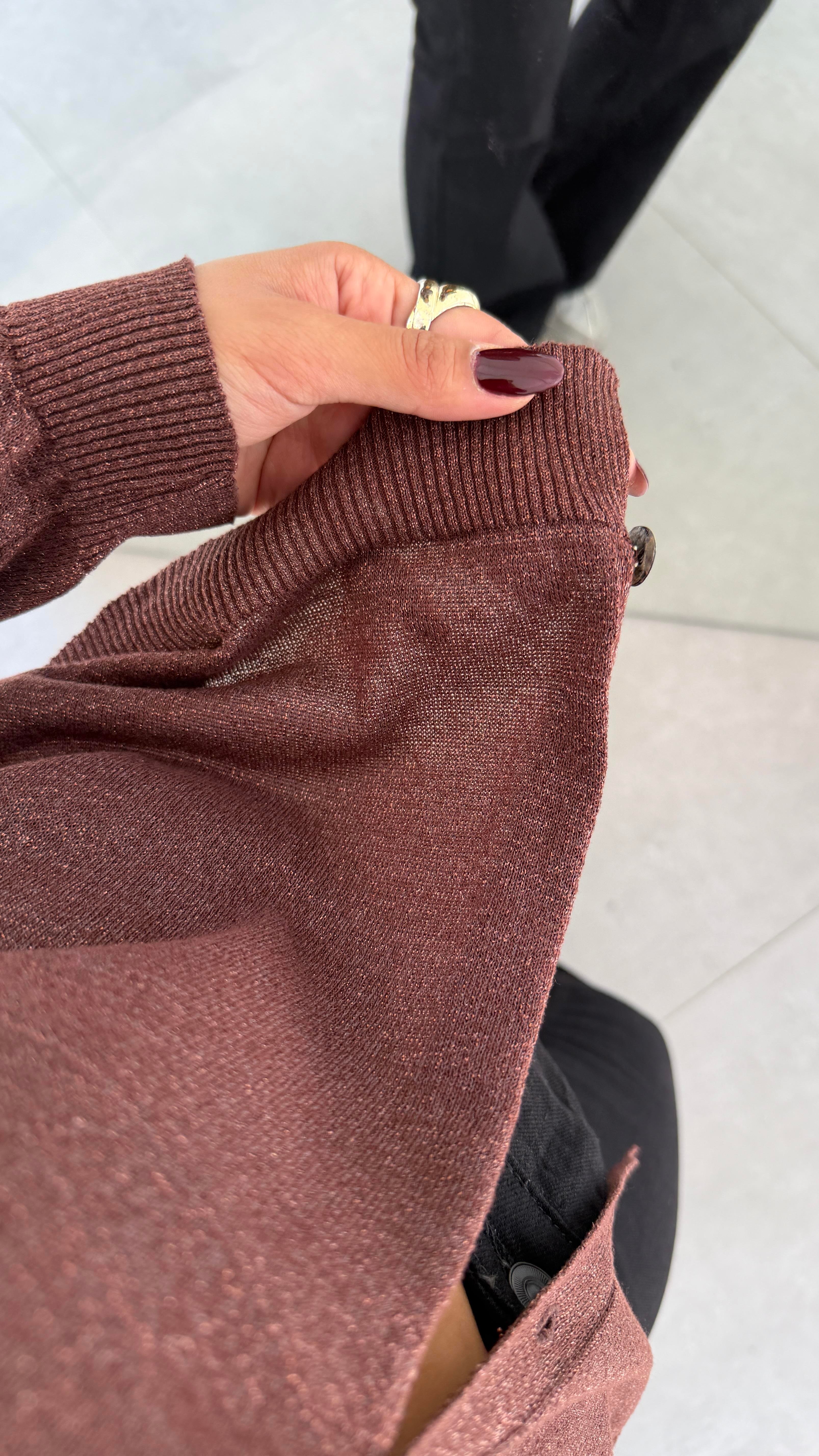 Kahve Simli Triko Hırka