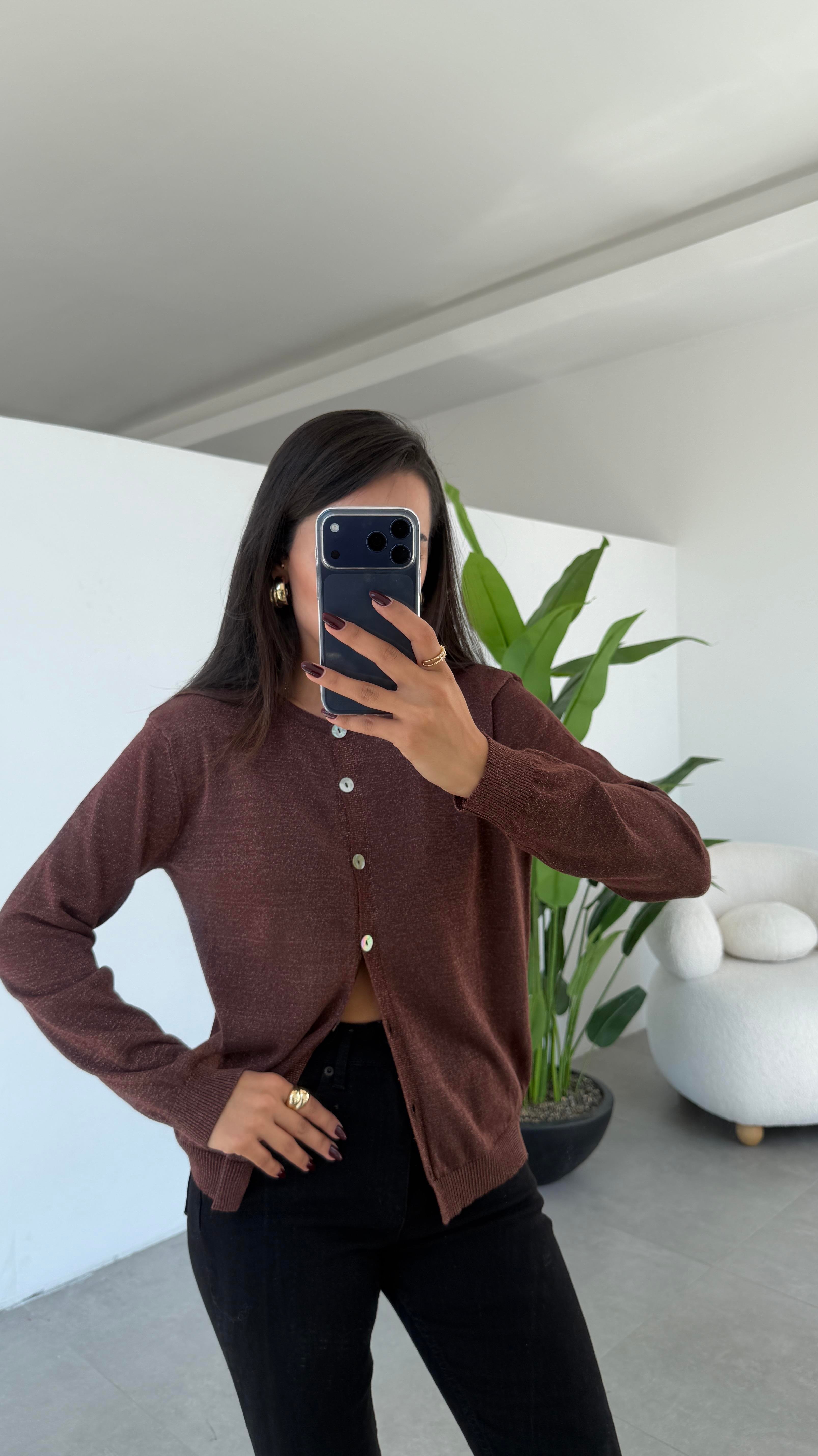 Kahve Simli Triko Hırka