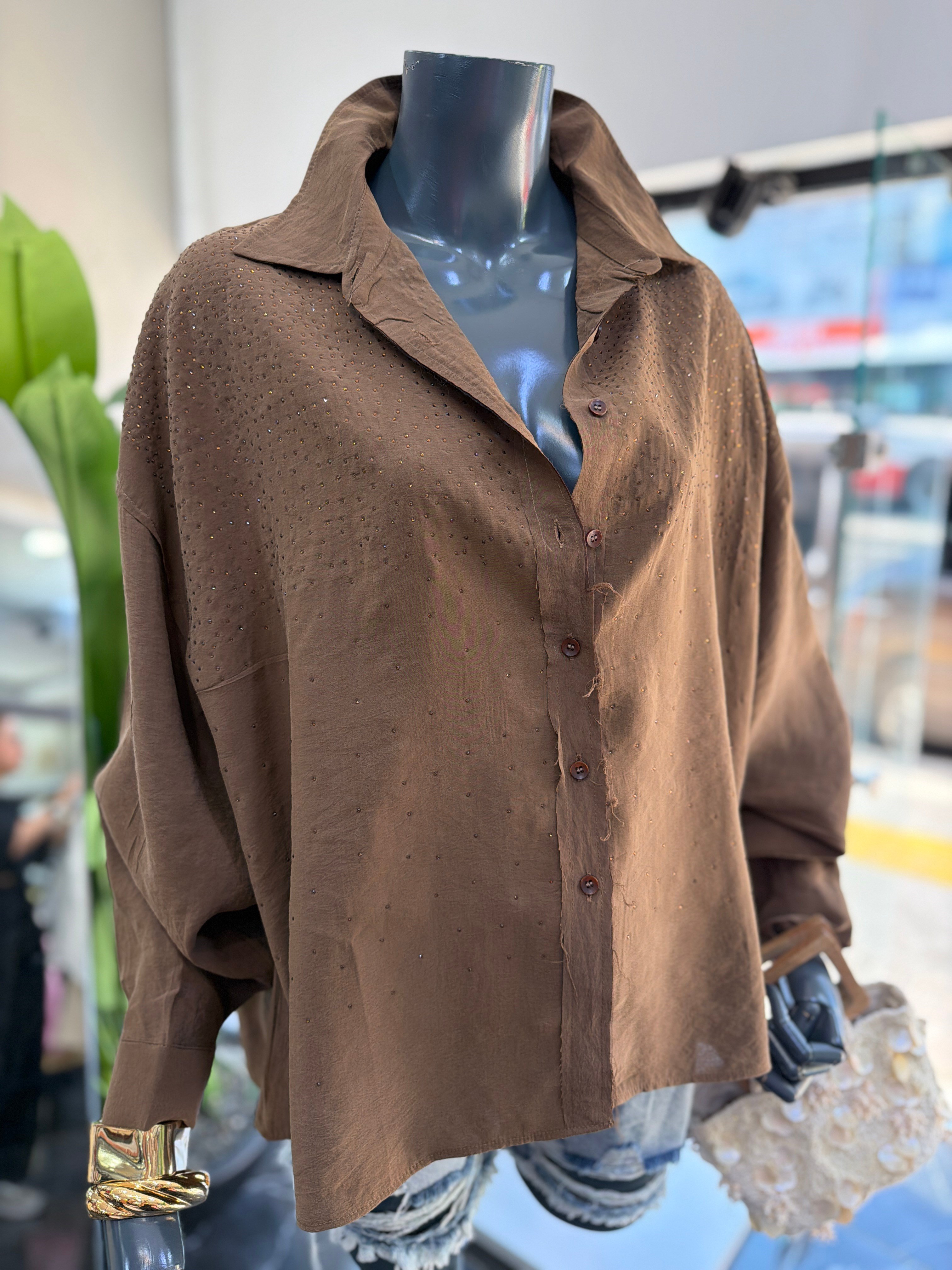Kahve Taşlı Oversize Gömlek