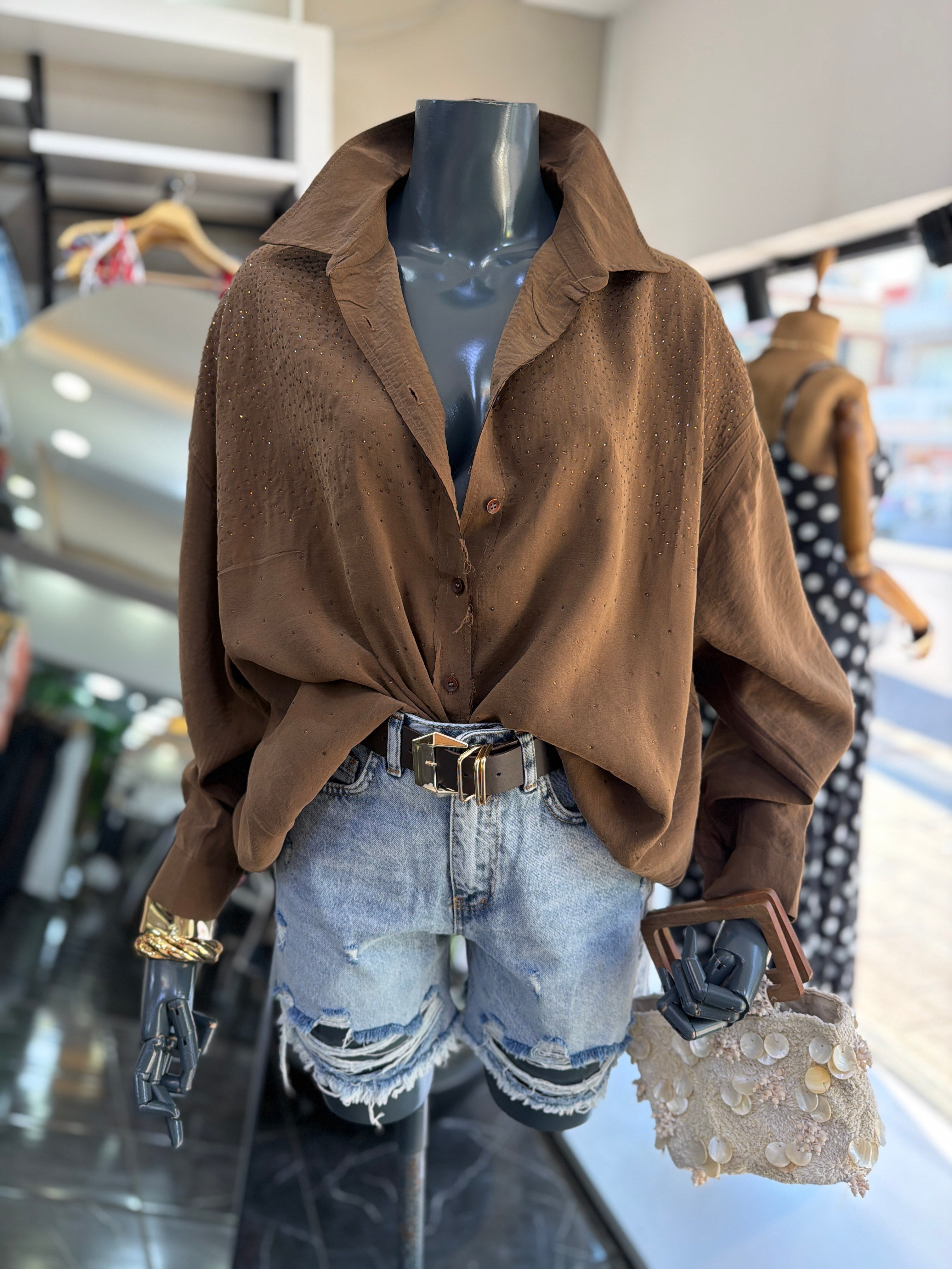 Kahve Taşlı Oversize Gömlek
