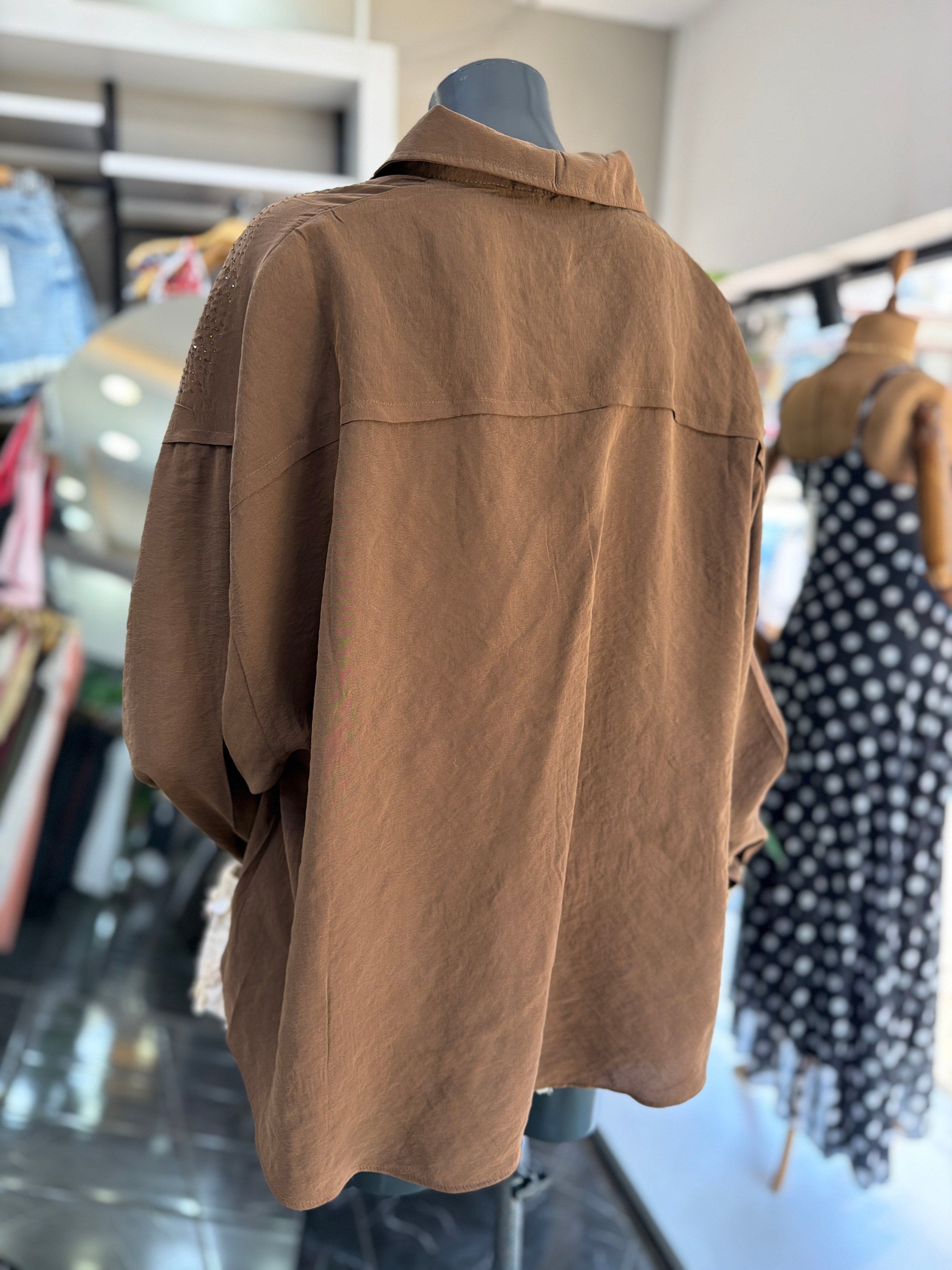 Kahve Taşlı Oversize Gömlek