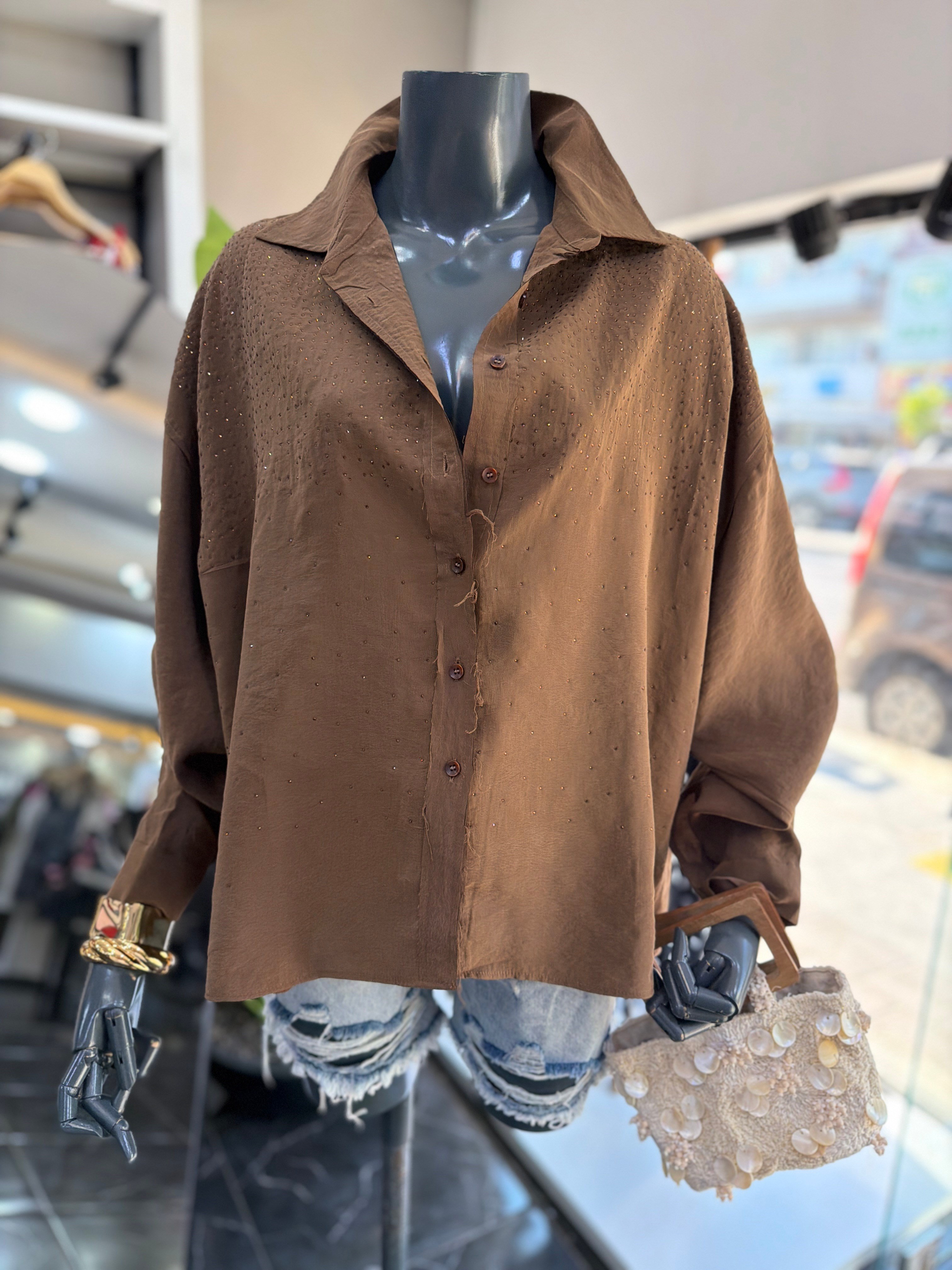 Kahve Taşlı Oversize Gömlek
