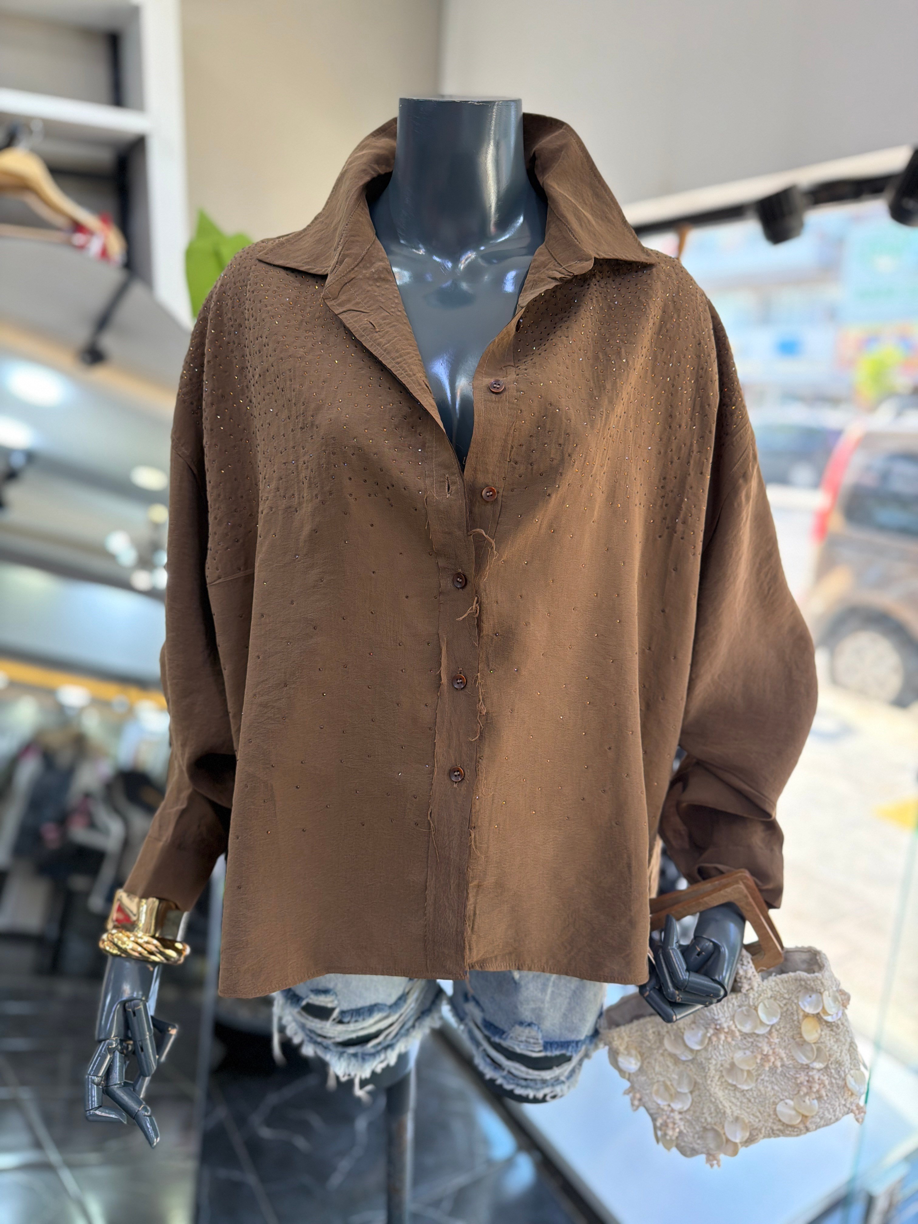 Kahve Taşlı Oversize Gömlek