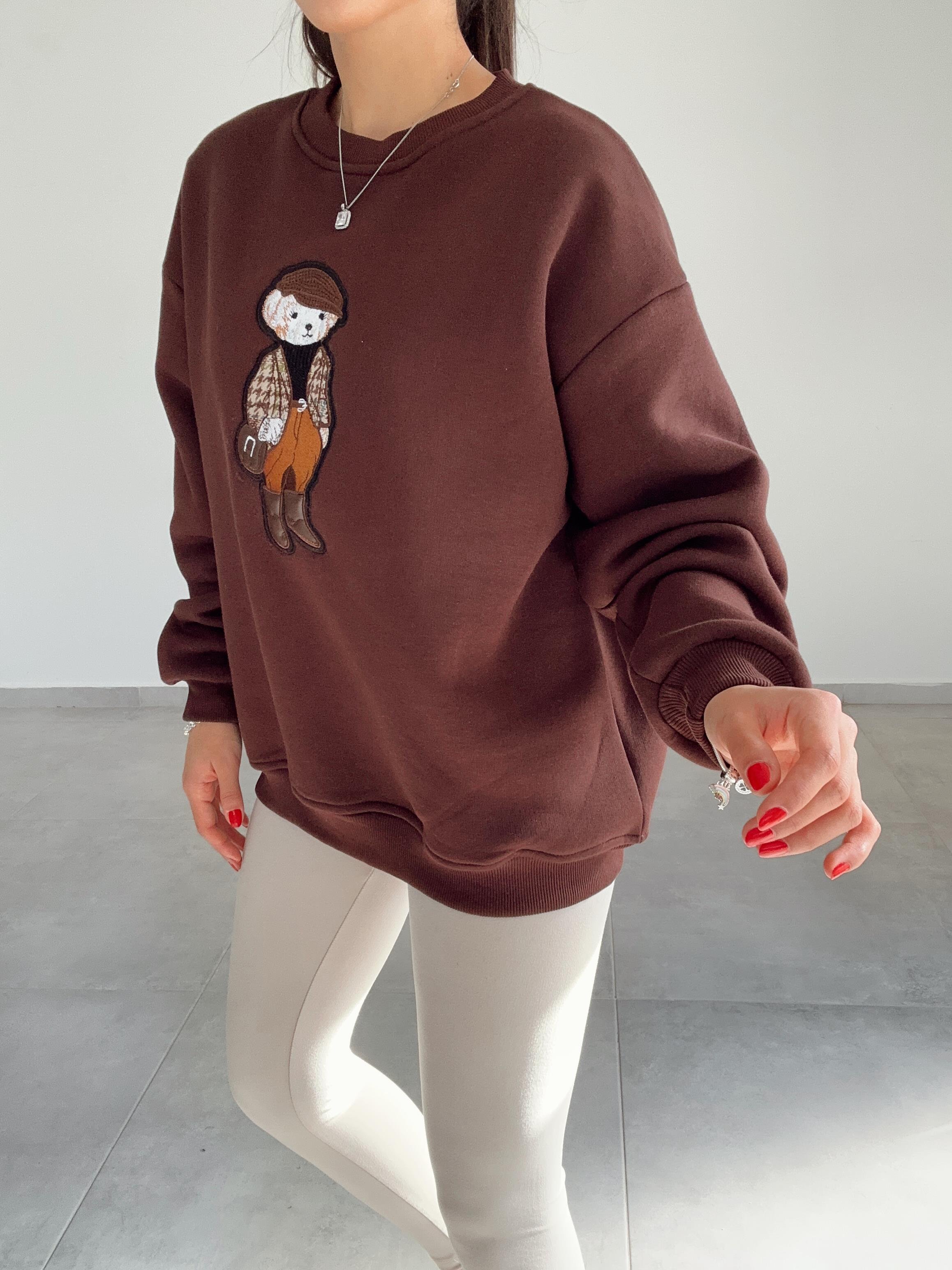 Kahve Tedy Nakışlı Sweat