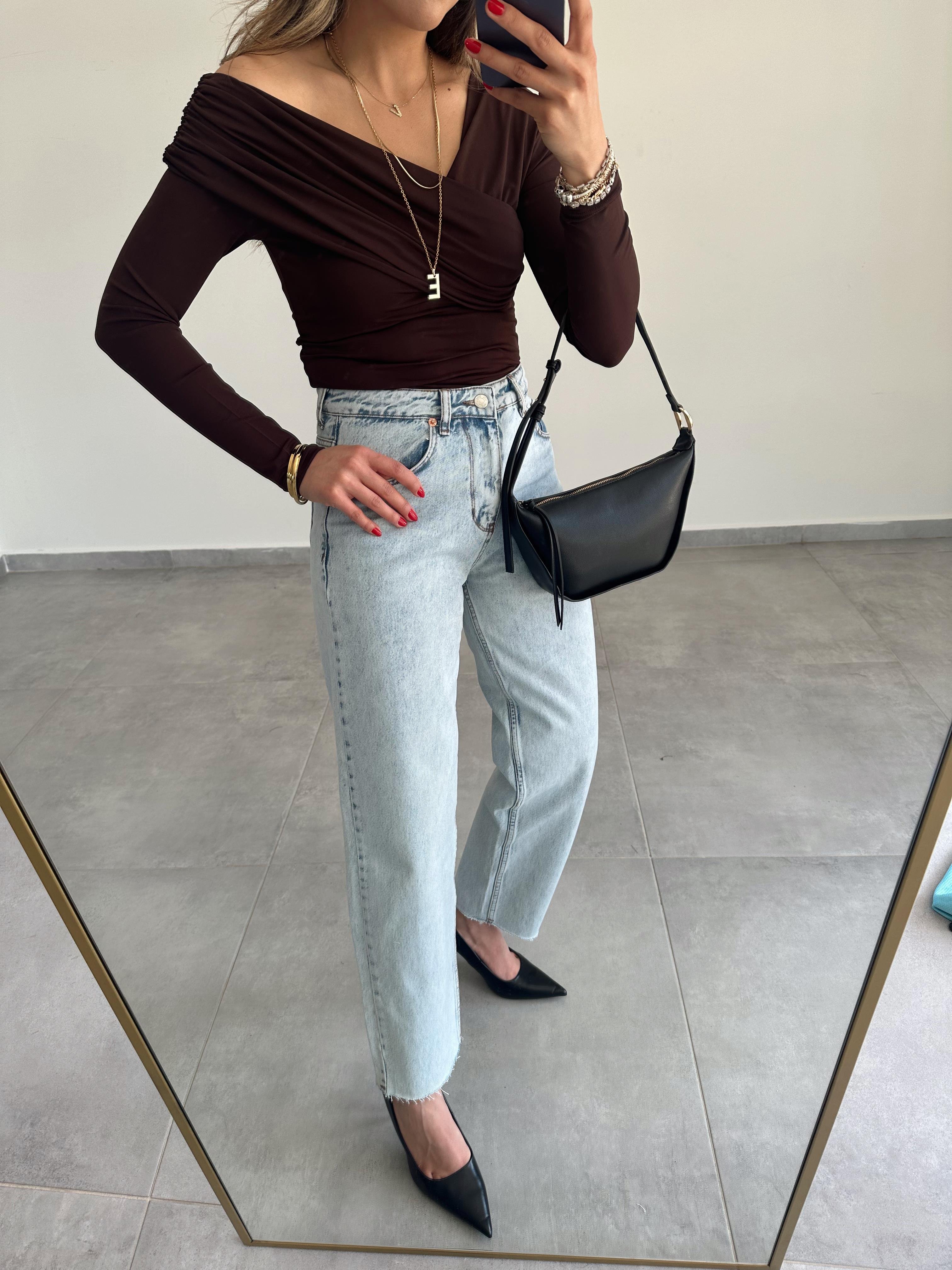 Kahve V Yaka Drapeli Bluz