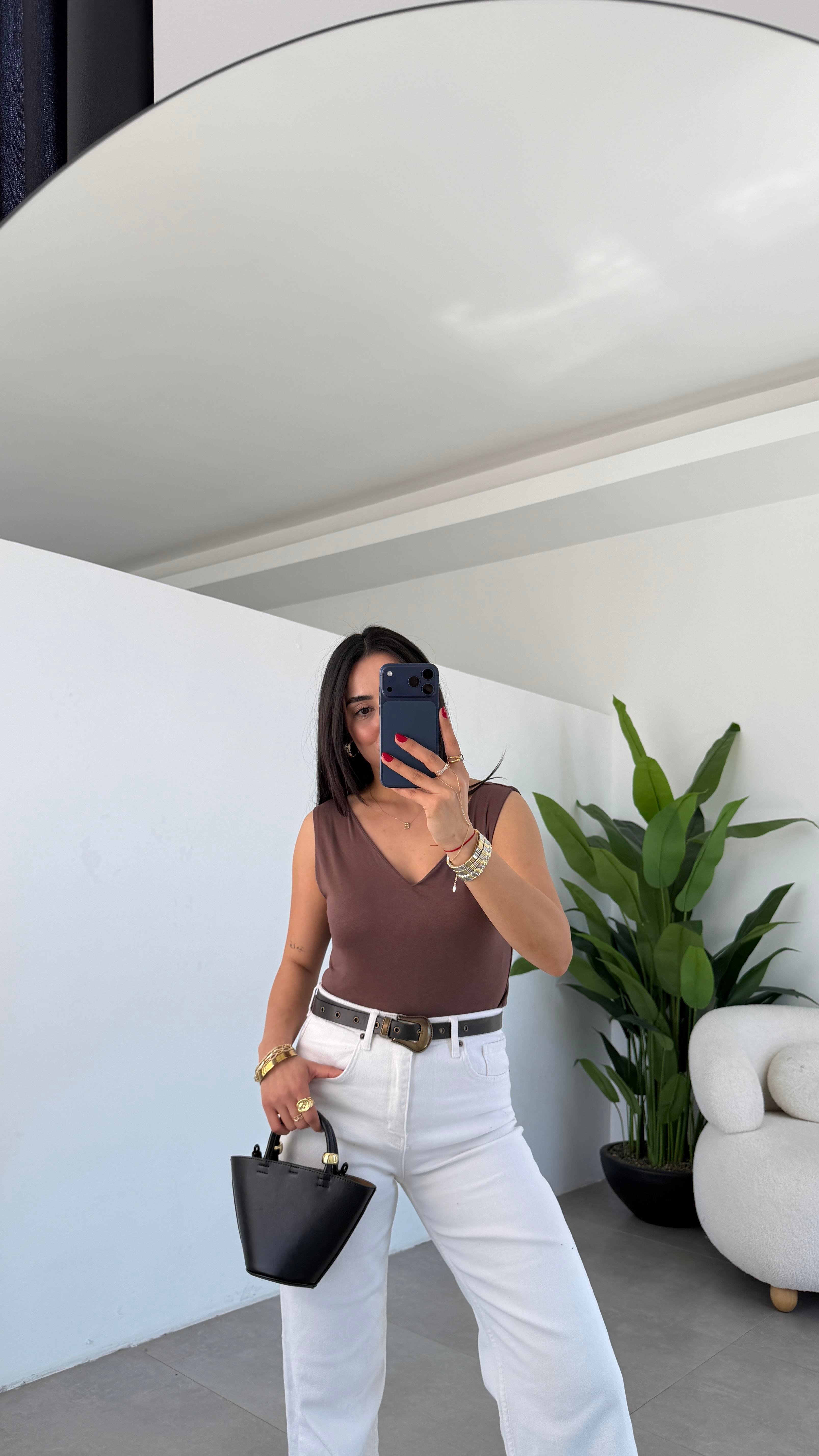 Kahve Viskon Ön Arka V Yaka Bluz