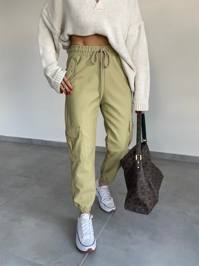 Kargo Cepli Olive Deri Pantolon