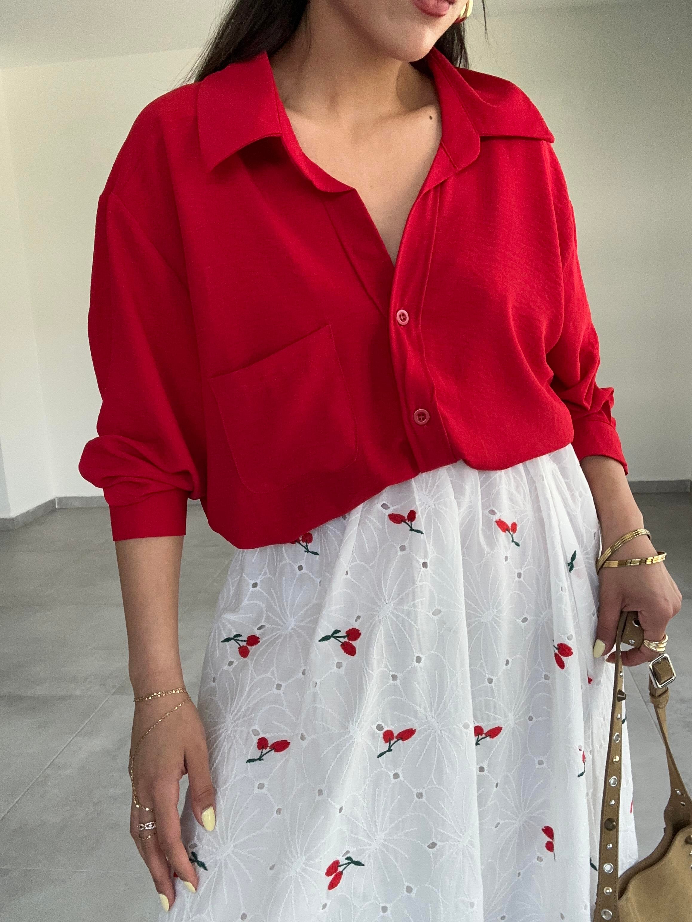 Kırmızı Ayrobin Cepli Oversize Gömlek