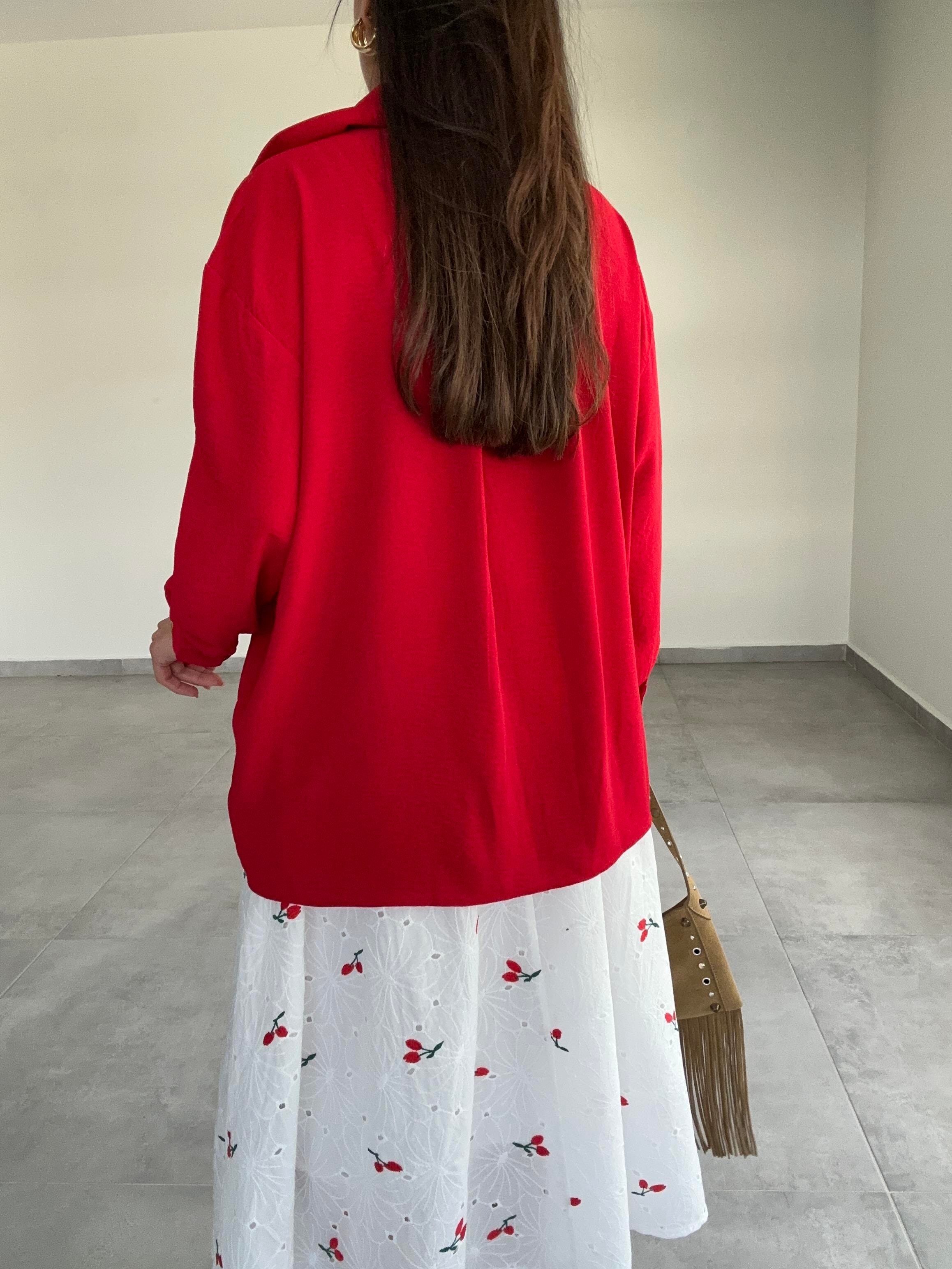 Kırmızı Ayrobin Cepli Oversize Gömlek