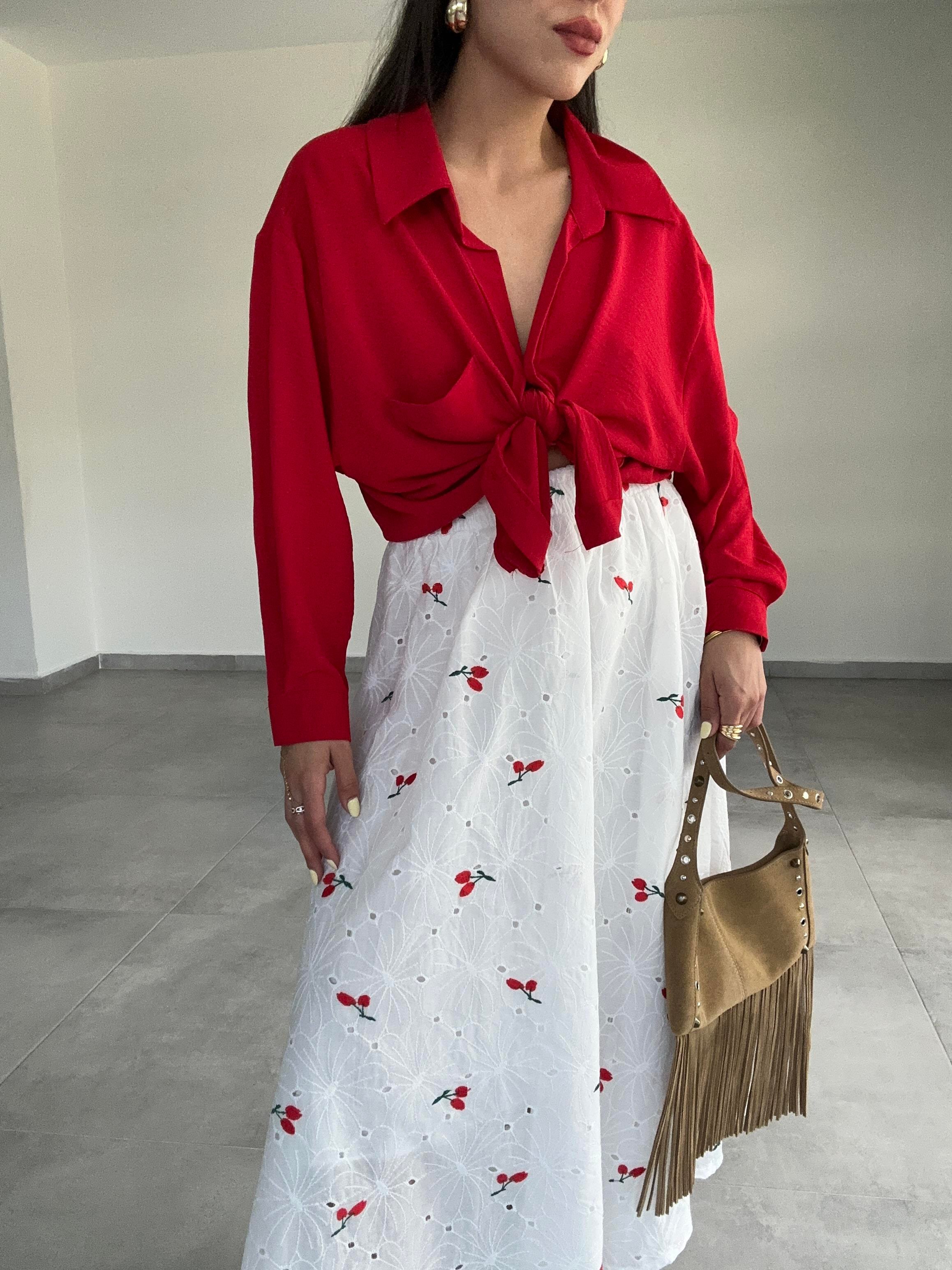 Kırmızı Ayrobin Cepli Oversize Gömlek